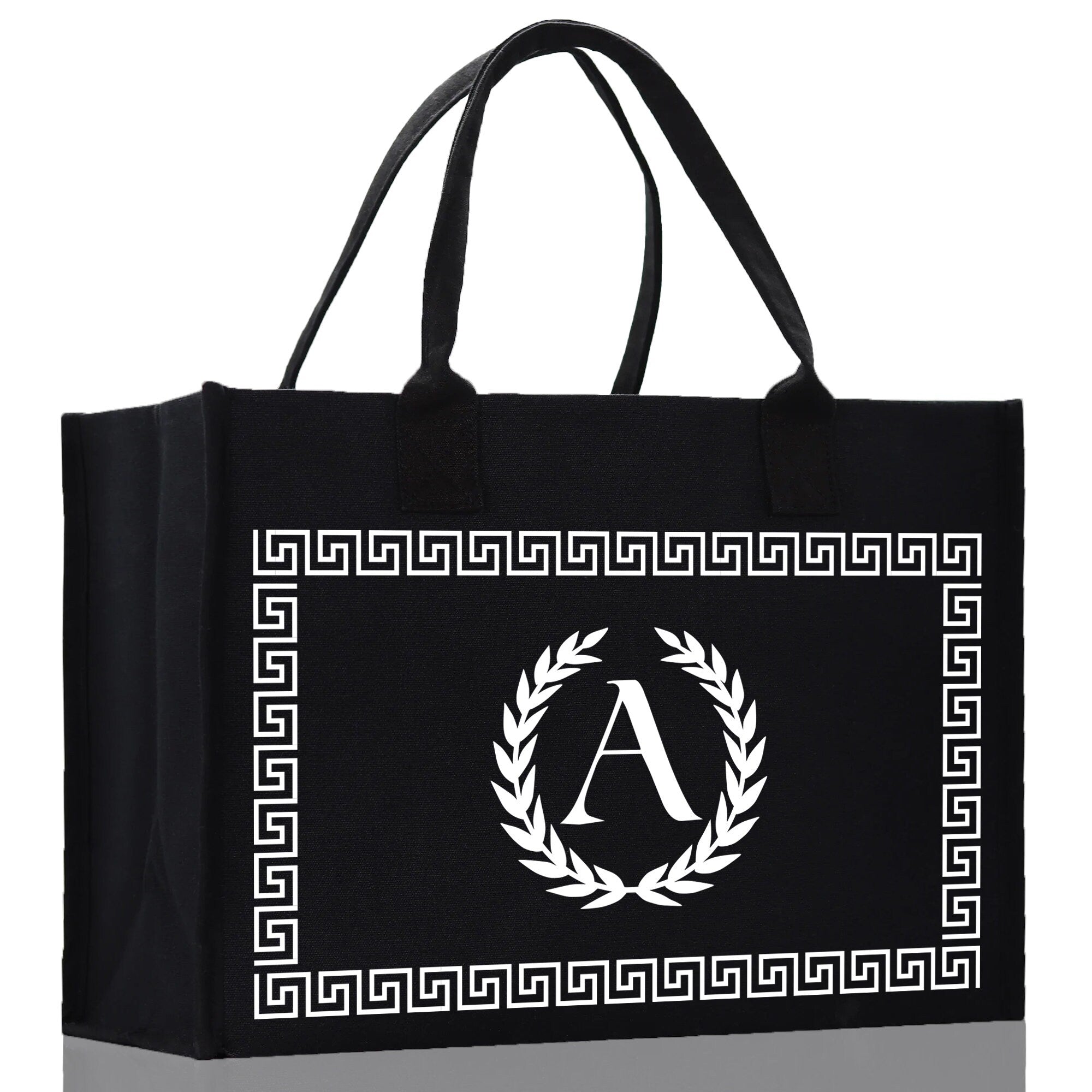 Greek Frame Personalized Cotton Canvas Beach Tote Bag Monogram Tote Bag Initial Canvas Tote Bridesmaid Gift Tote Custom Bag Gift for Her A-Z - Aaria Tees Aaria Tees