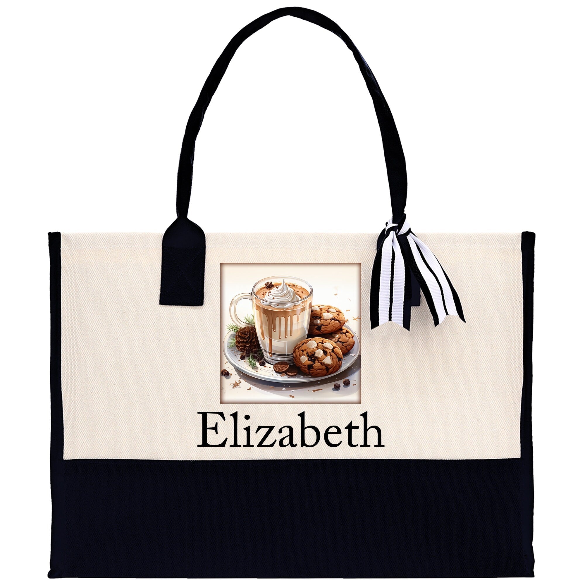 Cute Hot Cocoa and Cookies Custom Name Cotton Canvas Tote Bag Personalized Christmas Party Invitation Bag Xmas Gift Holiday Party Invite Bag - Aaria Tees Aaria Tees