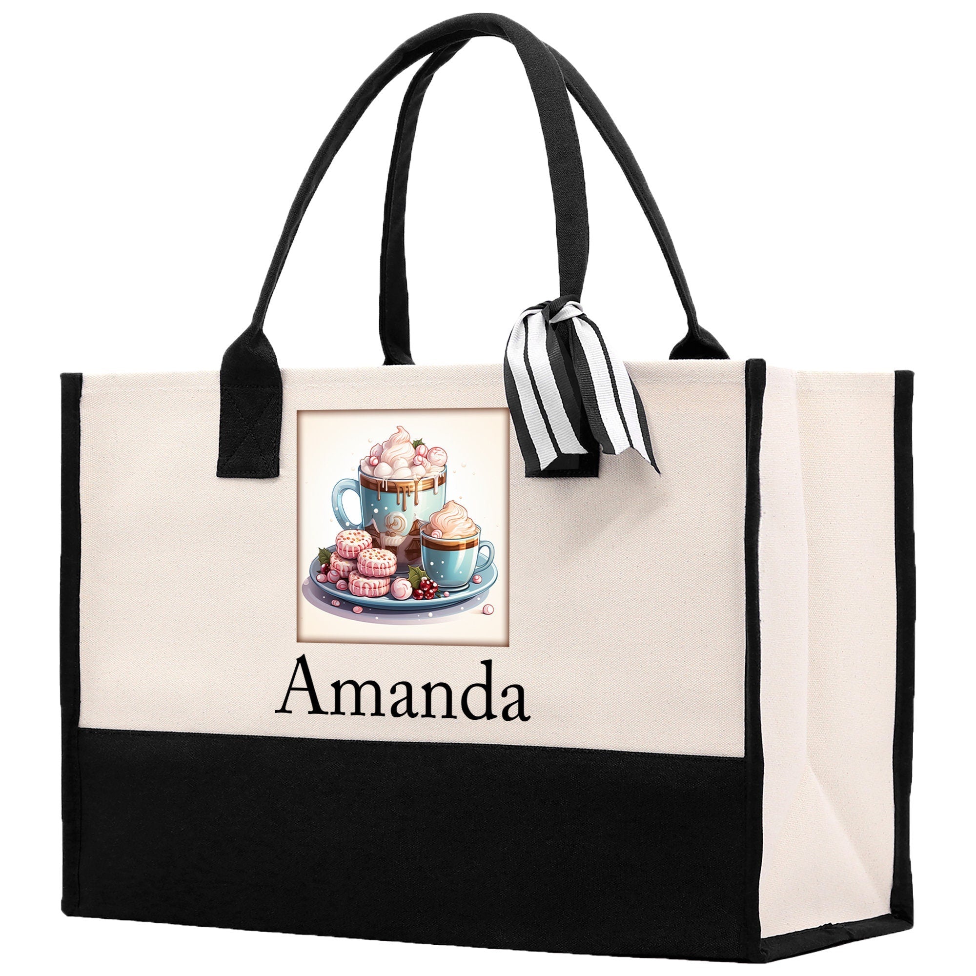 Cute Hot Cocoa and Cookies Custom Name Cotton Canvas Tote Bag Personalized Christmas Party Invitation Bag Xmas Gift Holiday Party Invite Bag - Aaria Tees Aaria Tees