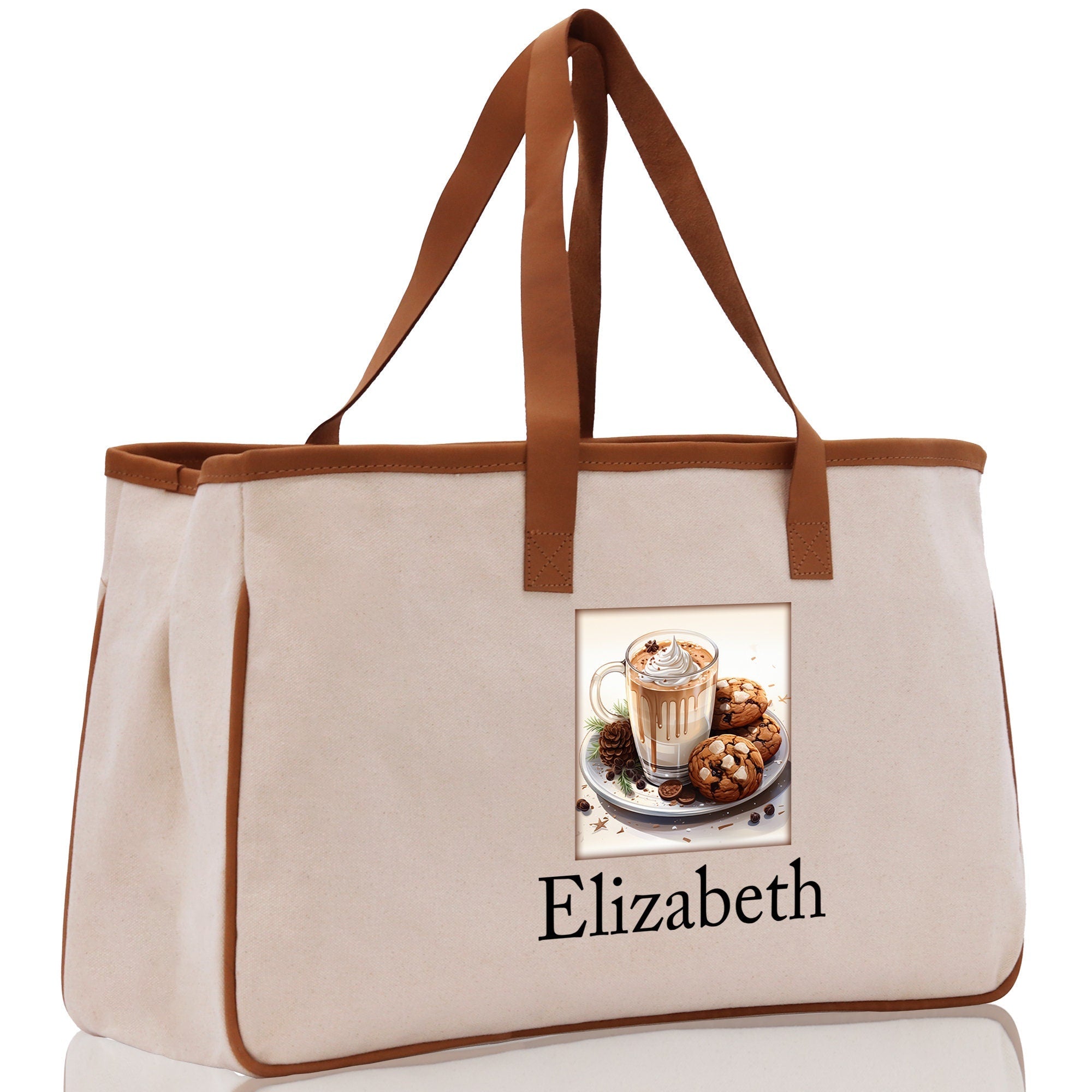 Cute Hot Cocoa and Cookies Custom Name Cotton Canvas Tote Bag Personalized Christmas Party Invitation Bag Xmas Gift Holiday Party Invite Bag - Aaria Tees Aaria Tees