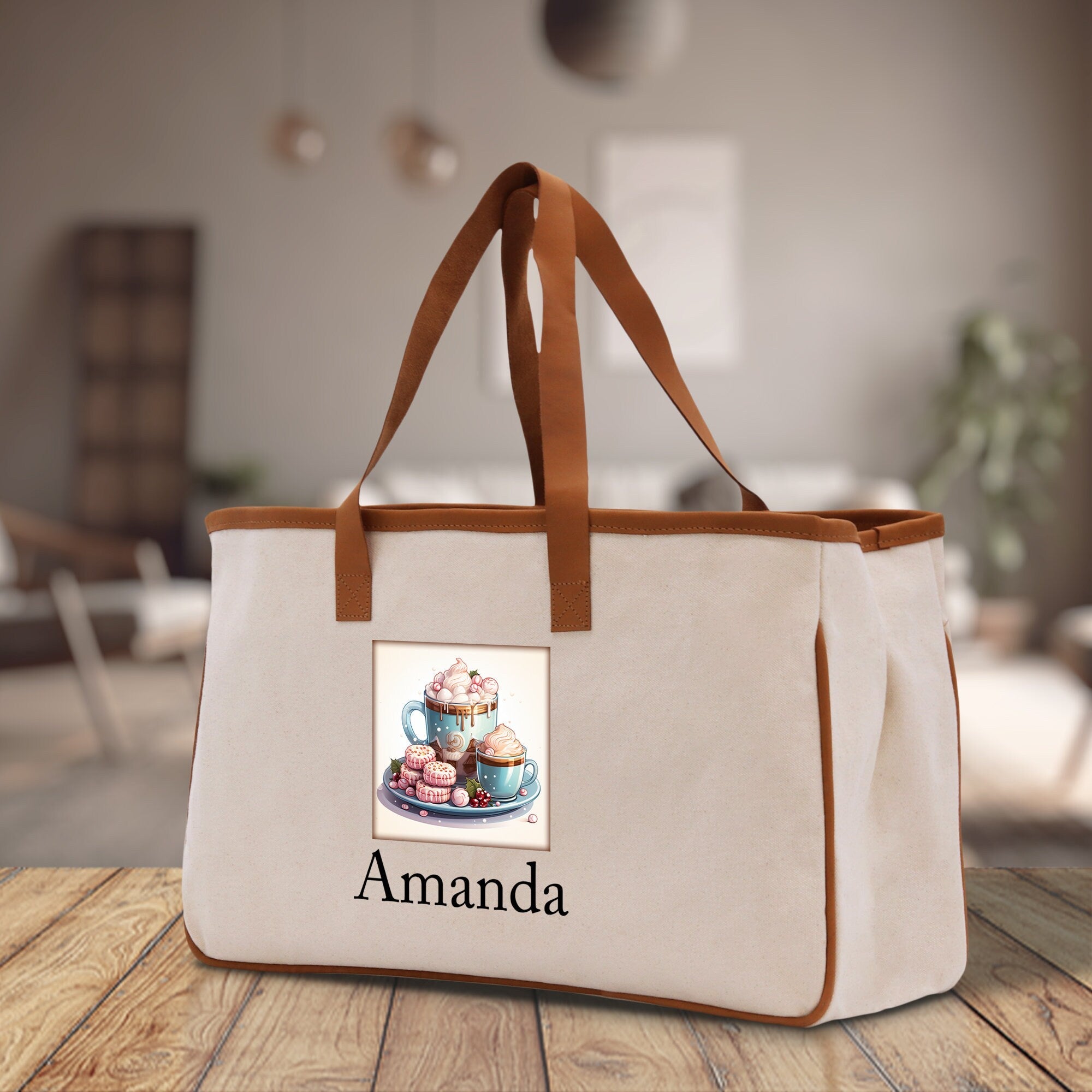 Cute Hot Cocoa and Cookies Custom Name Cotton Canvas Tote Bag Personalized Christmas Party Invitation Bag Xmas Gift Holiday Party Invite Bag - Aaria Tees Aaria Tees