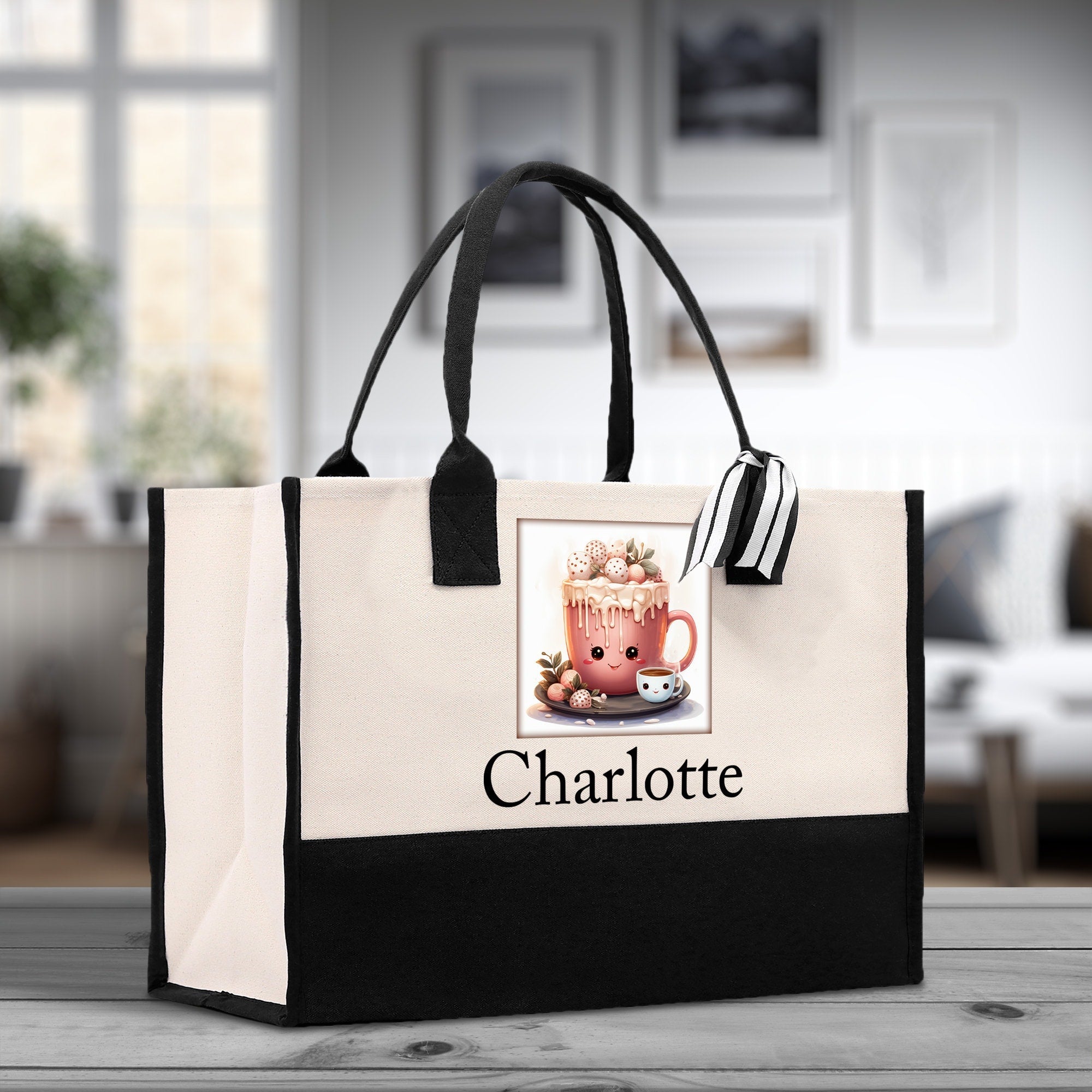 Cute Hot Cocoa and Cookies Custom Name Cotton Canvas Tote Bag Personalized Christmas Party Invitation Bag Xmas Gift Holiday Party Invite Bag - Aaria Tees Aaria Tees