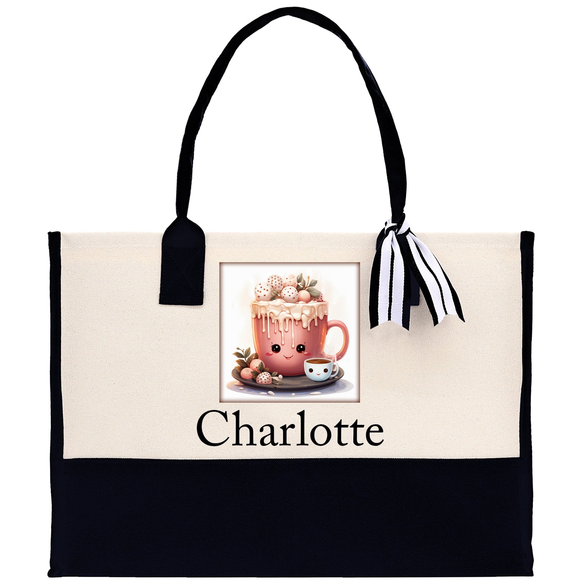 Cute Hot Cocoa and Cookies Custom Name Cotton Canvas Tote Bag Personalized Christmas Party Invitation Bag Xmas Gift Holiday Party Invite Bag - Aaria Tees Aaria Tees