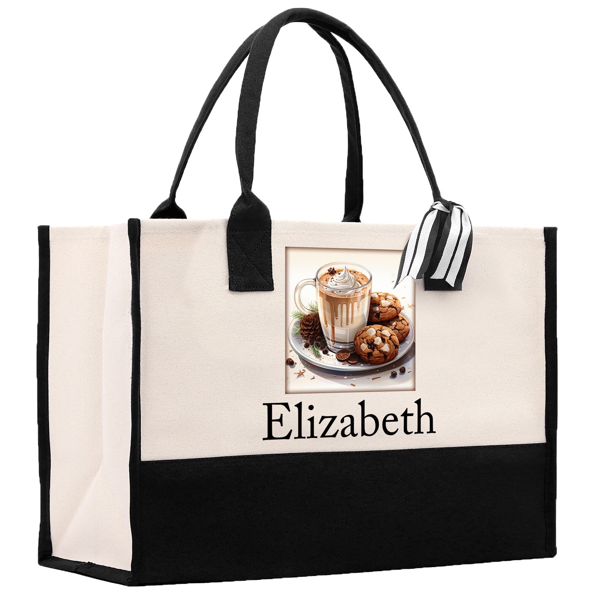 Cute Hot Cocoa and Cookies Custom Name Cotton Canvas Tote Bag Personalized Christmas Party Invitation Bag Xmas Gift Holiday Party Invite Bag - Aaria Tees Aaria Tees