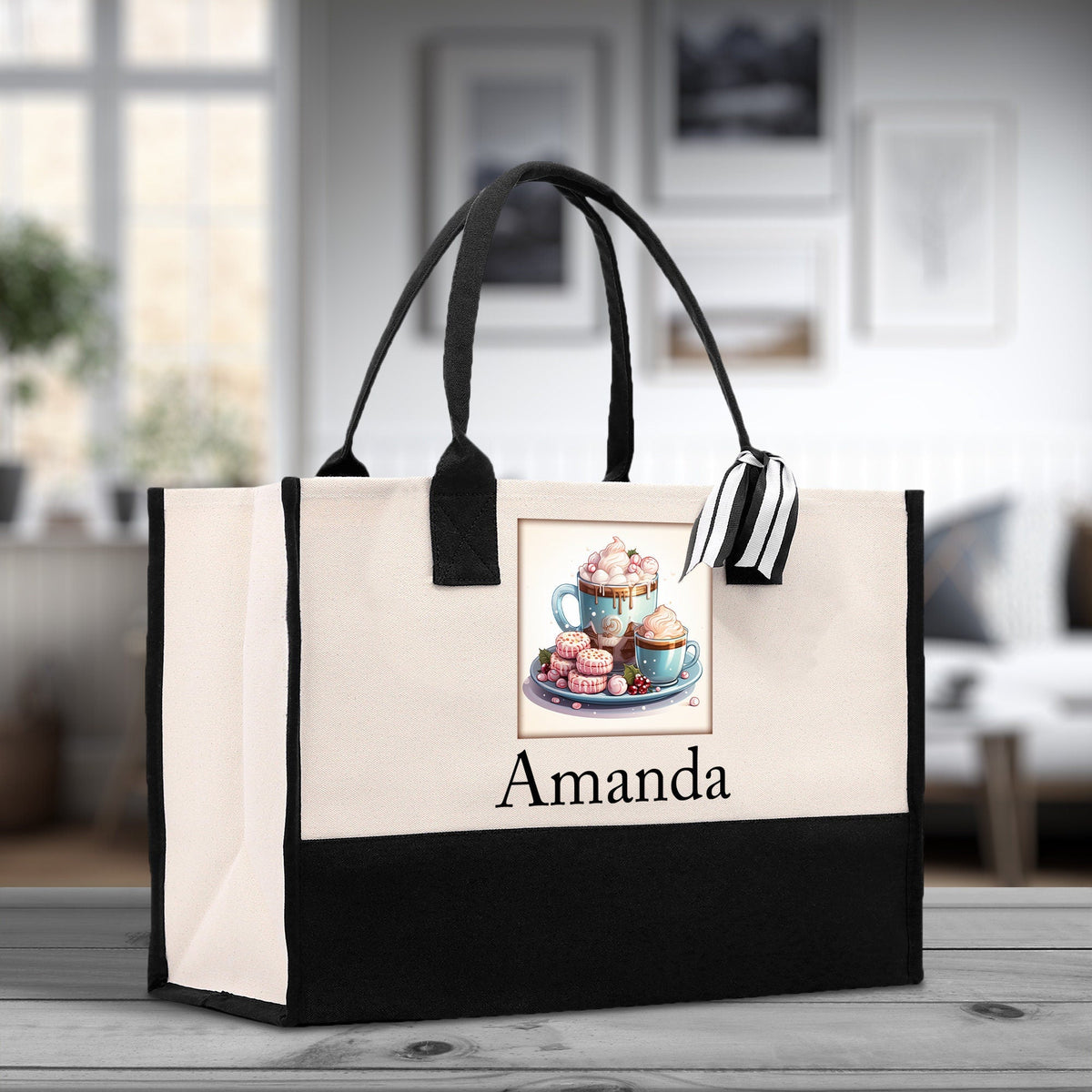 Cute Hot Cocoa and Cookies Custom Name Cotton Canvas Tote Bag Personalized Christmas Party Invitation Bag Xmas Gift Holiday Party Invite Bag - Aaria Tees