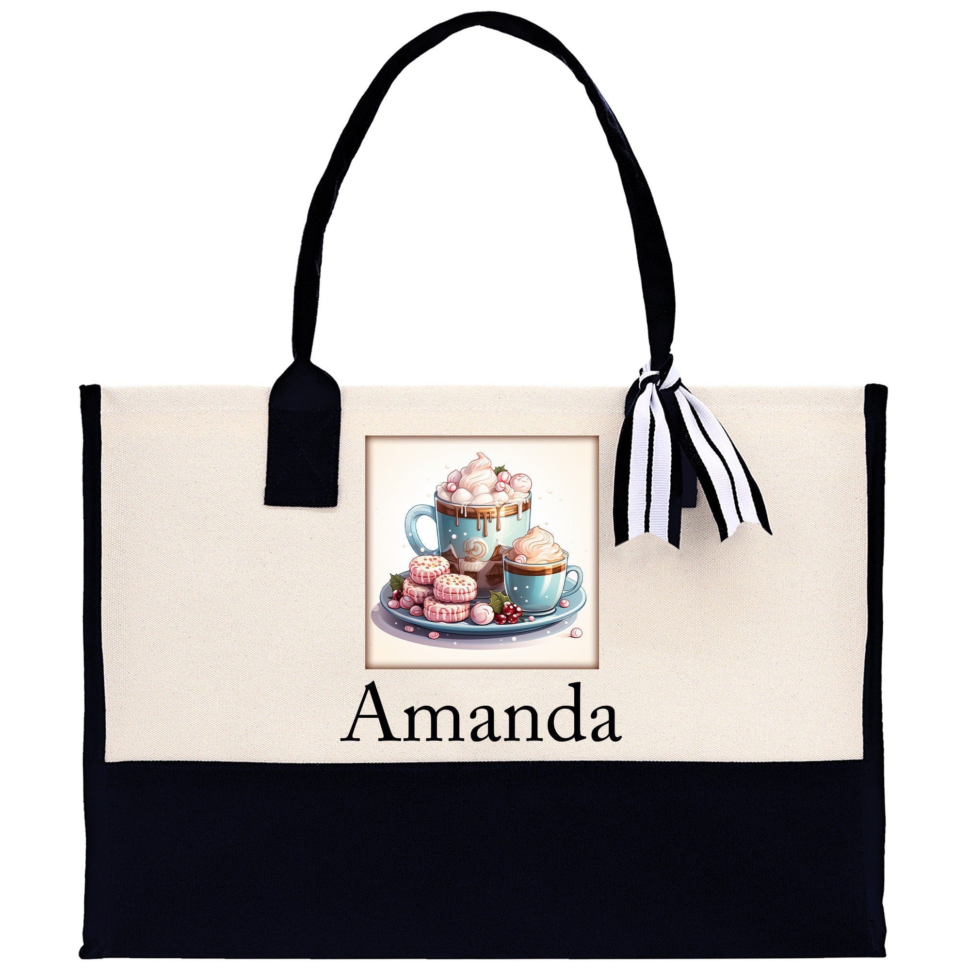 Cute Hot Cocoa and Cookies Custom Name Cotton Canvas Tote Bag Personalized Christmas Party Invitation Bag Xmas Gift Holiday Party Invite Bag - Aaria Tees Aaria Tees