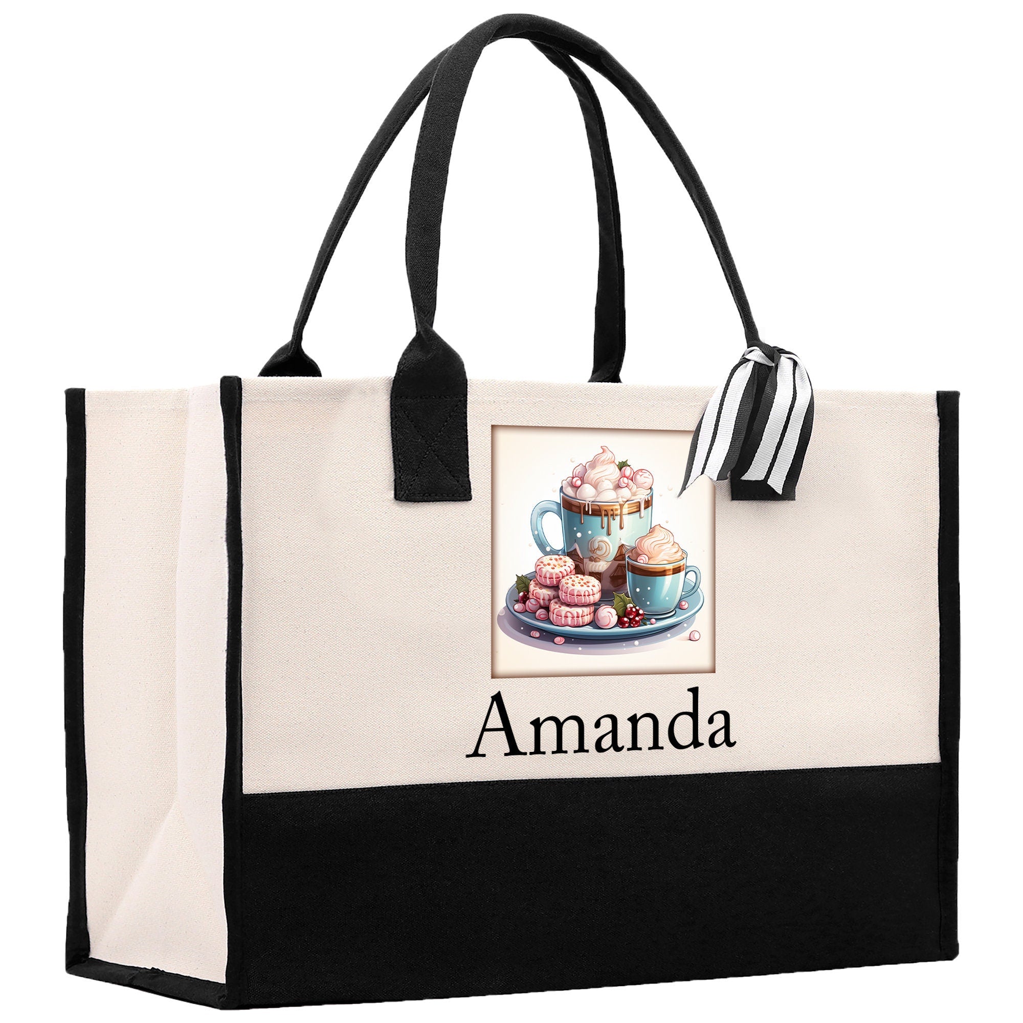 Cute Hot Cocoa and Cookies Custom Name Cotton Canvas Tote Bag Personalized Christmas Party Invitation Bag Xmas Gift Holiday Party Invite Bag - Aaria Tees Aaria Tees