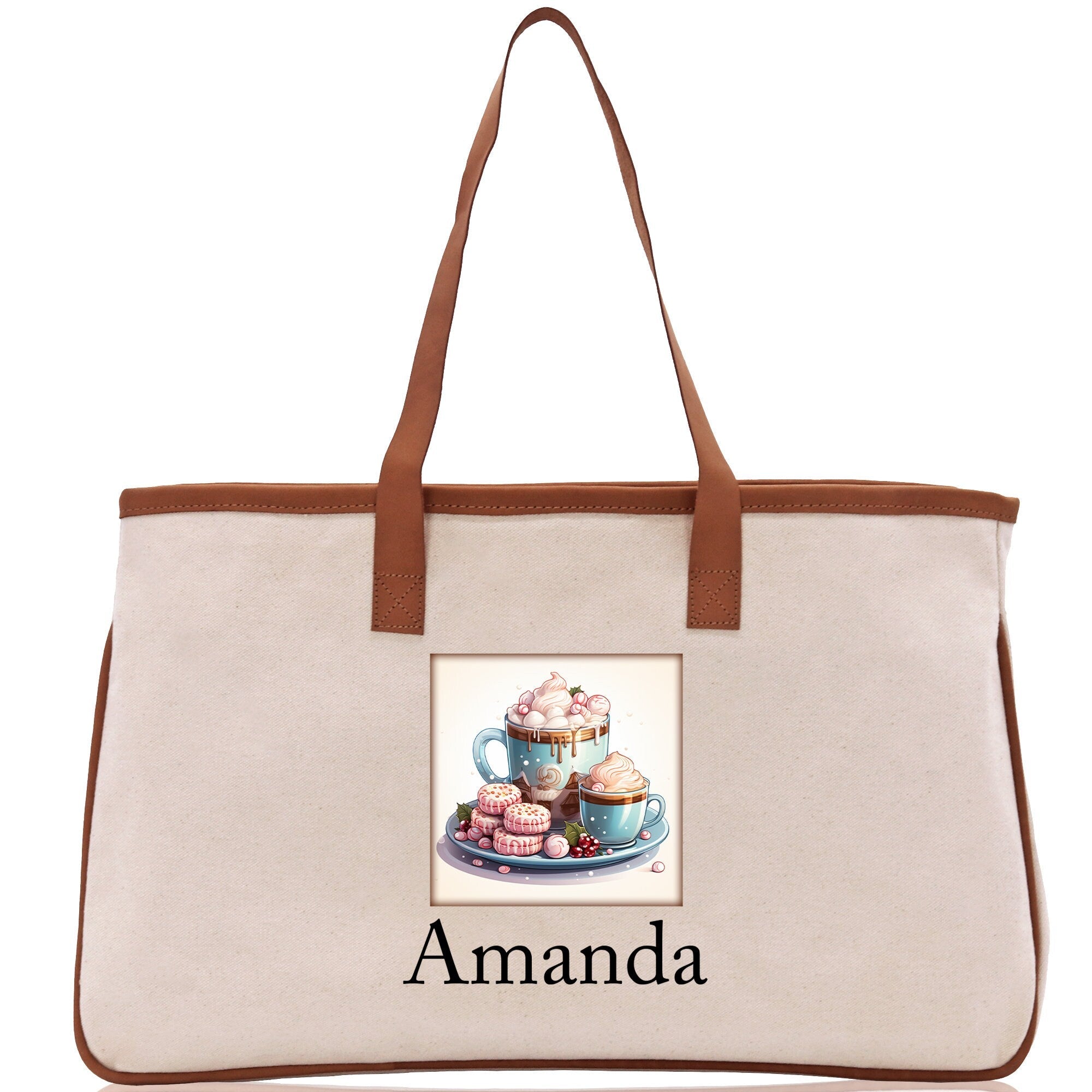 Cute Hot Cocoa and Cookies Custom Name Cotton Canvas Tote Bag Personalized Christmas Party Invitation Bag Xmas Gift Holiday Party Invite Bag - Aaria Tees Aaria Tees