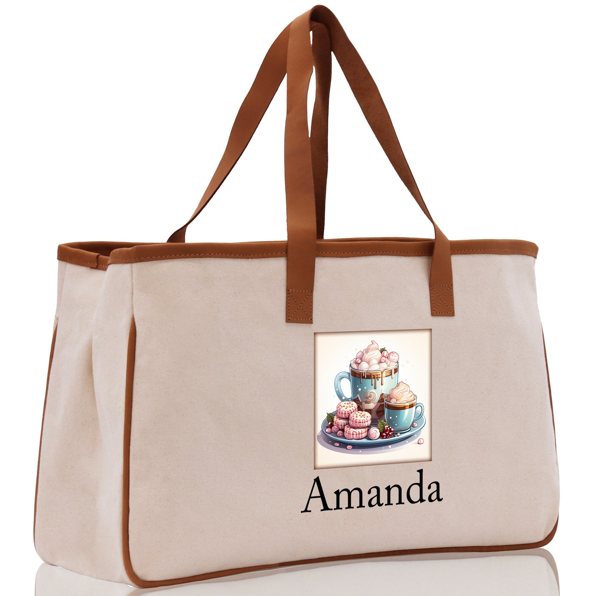 Cute Hot Cocoa and Cookies Custom Name Cotton Canvas Tote Bag Personalized Christmas Party Invitation Bag Xmas Gift Holiday Party Invite Bag - Aaria Tees Aaria Tees