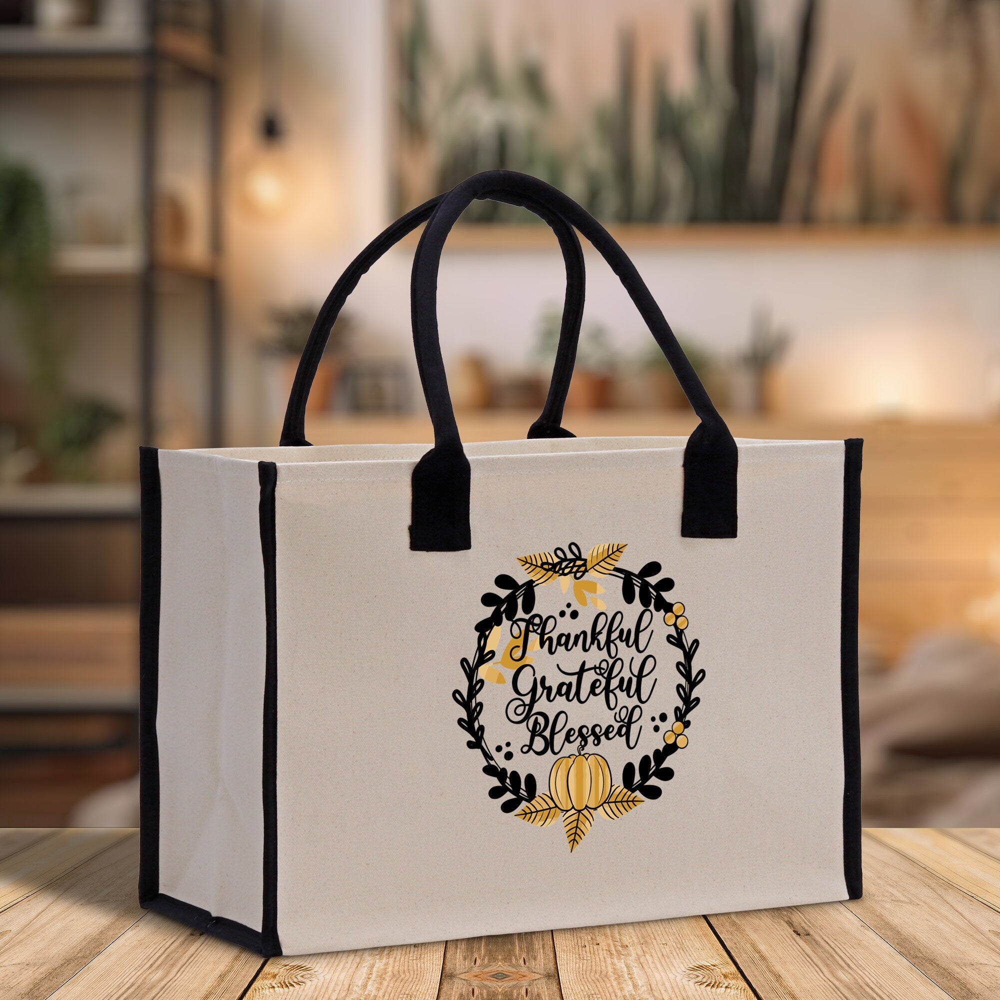Thankful Grateful Blessed Cotton Canvas Tote Bag Thanksgiving Bag Autumn Fall Vibes Bag Motivational Bag Blessed Bag Fall Market Grocery Bag - Aaria Tees Aaria Tees