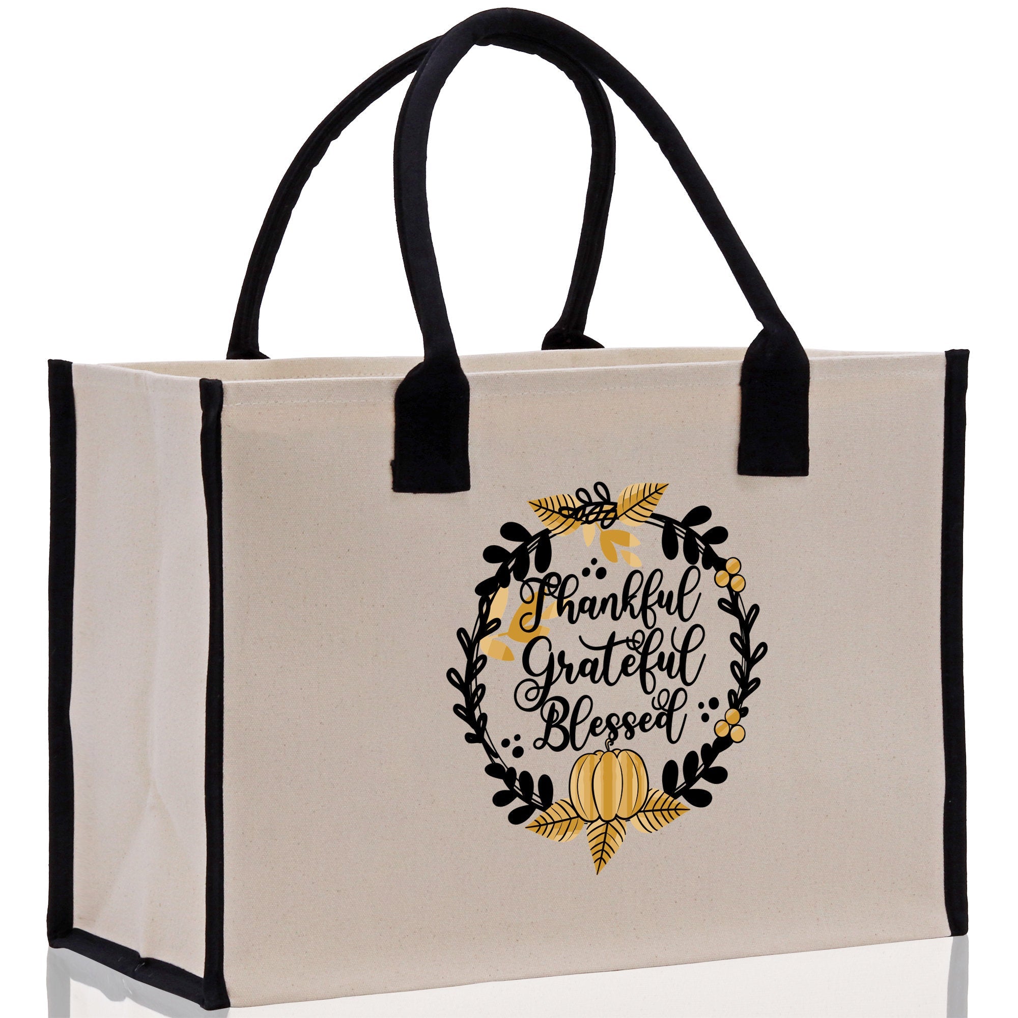 Thankful Grateful Blessed Cotton Canvas Tote Bag Thanksgiving Bag Autumn Fall Vibes Bag Motivational Bag Blessed Bag Fall Market Grocery Bag - Aaria Tees Aaria Tees