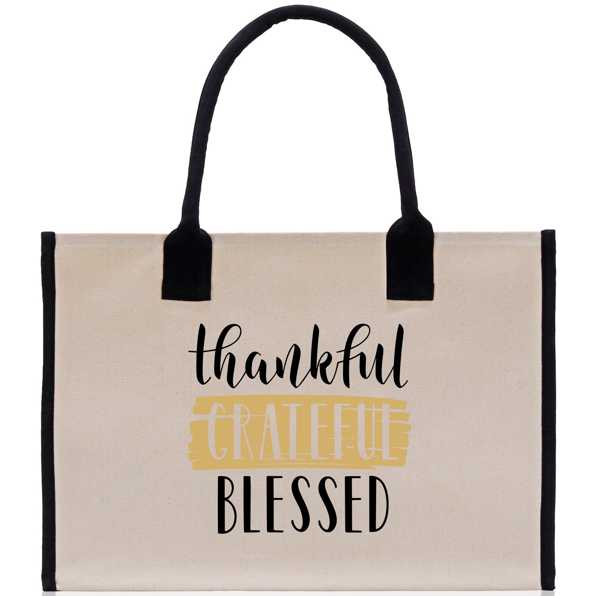 Thankful Grateful Blessed Cotton Canvas Tote Bag Thanksgiving Bag Autumn Fall Vibes Bag Motivational Bag Blessed Bag Fall Market Grocery Bag - Aaria Tees Aaria Tees