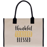 Thankful Grateful Blessed Cotton Canvas Tote Bag Thanksgiving Bag Autumn Fall Vibes Bag Motivational Bag Blessed Bag Fall Market Grocery Bag - Aaria Tees Aaria Tees