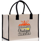 Thankful Grateful Blessed Cotton Canvas Tote Bag Thanksgiving Bag Autumn Fall Vibes Bag Motivational Bag Blessed Bag Fall Market Grocery Bag - Aaria Tees Aaria Tees