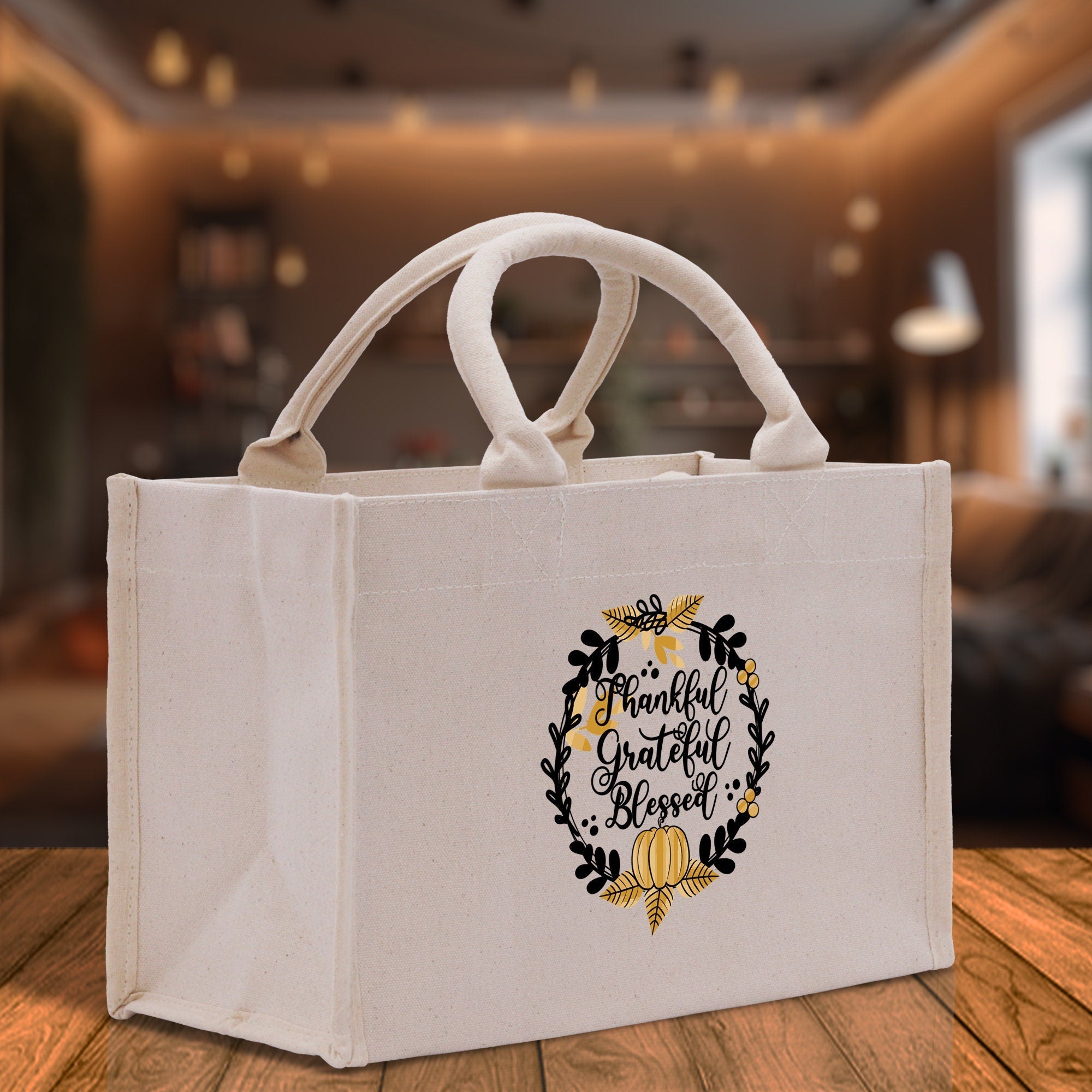 Thankful Grateful Blessed Cotton Canvas Tote Bag Thanksgiving Bag Autumn Fall Vibes Bag Motivational Bag Blessed Bag Fall Market Grocery Bag - Aaria Tees Aaria Tees