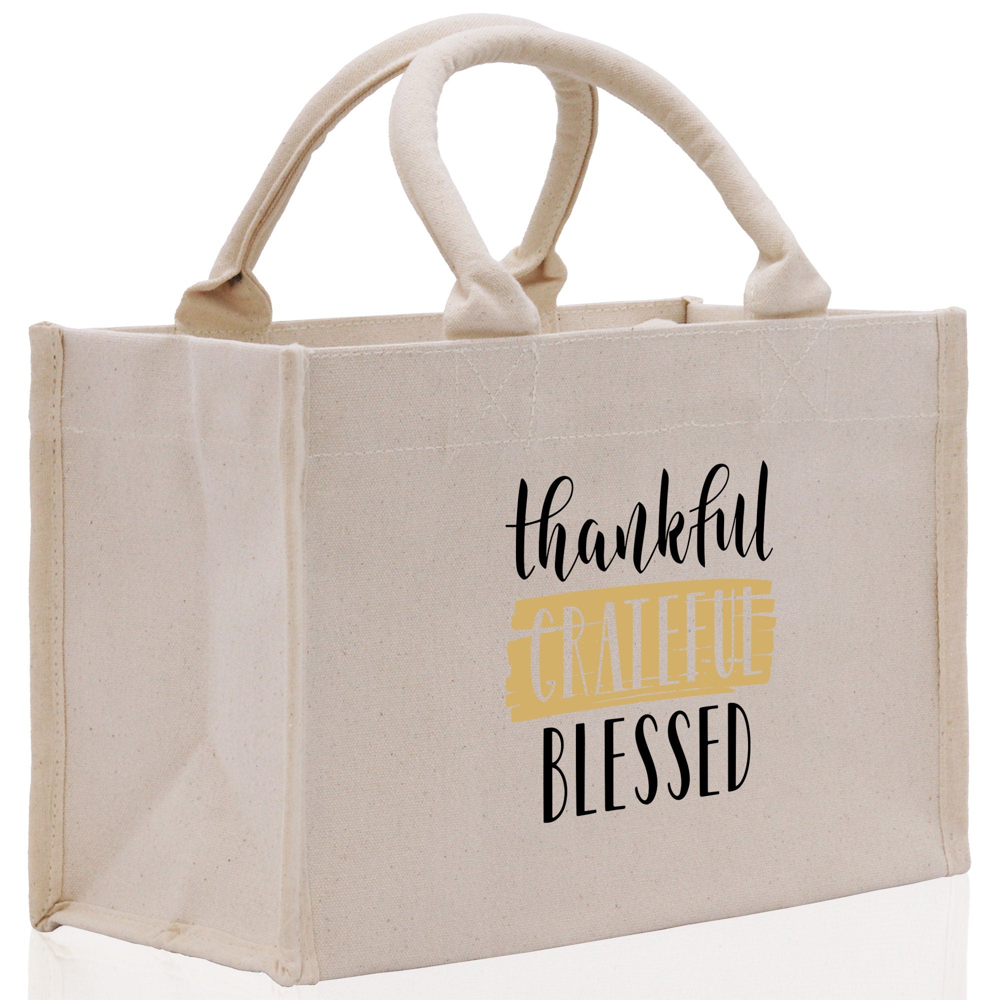 Thankful Grateful Blessed Cotton Canvas Tote Bag Thanksgiving Bag Autumn Fall Vibes Bag Motivational Bag Blessed Bag Fall Market Grocery Bag - Aaria Tees Aaria Tees