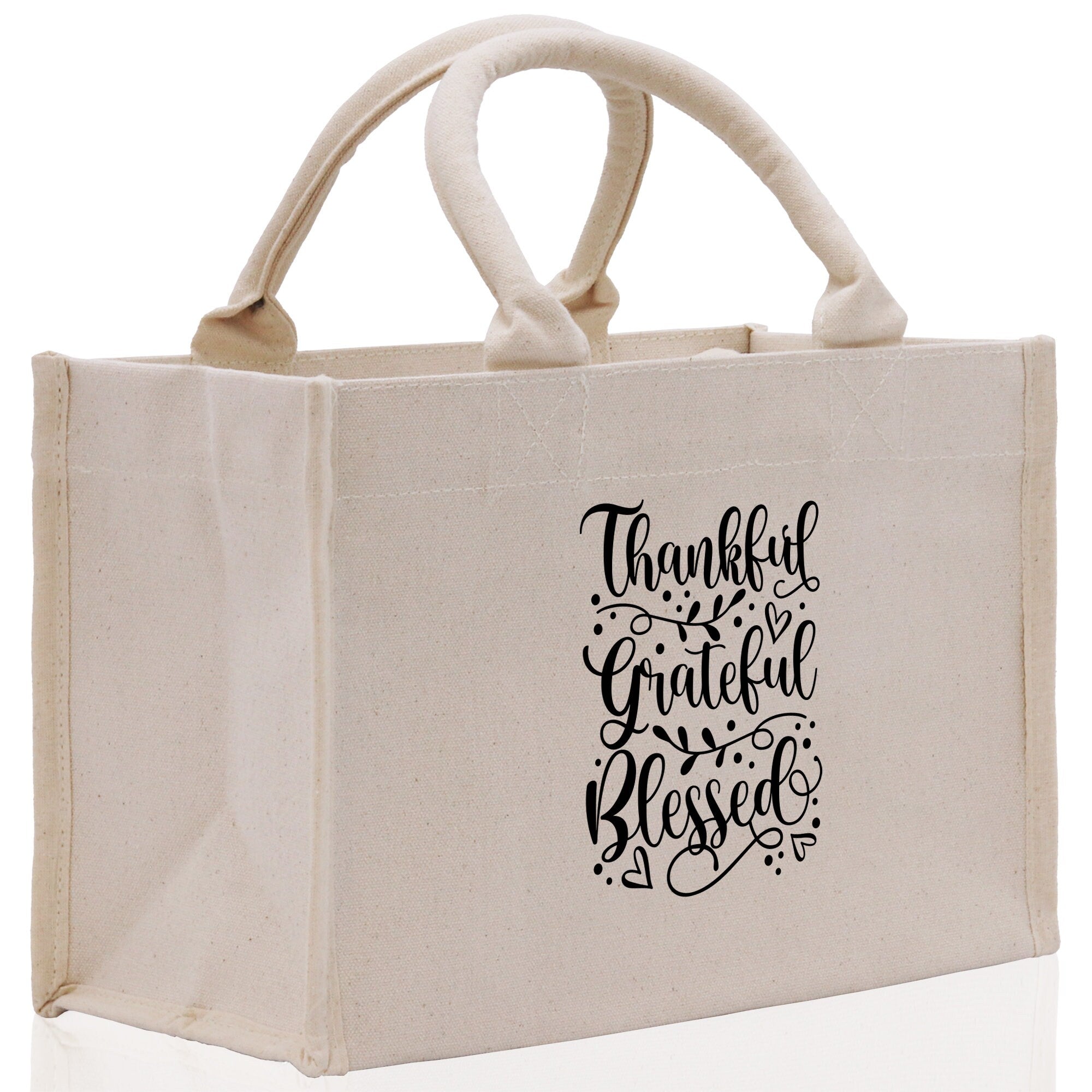 Thankful Grateful Blessed Cotton Canvas Tote Bag Thanksgiving Bag Autumn Fall Vibes Bag Motivational Bag Blessed Bag Fall Market Grocery Bag - Aaria Tees Aaria Tees