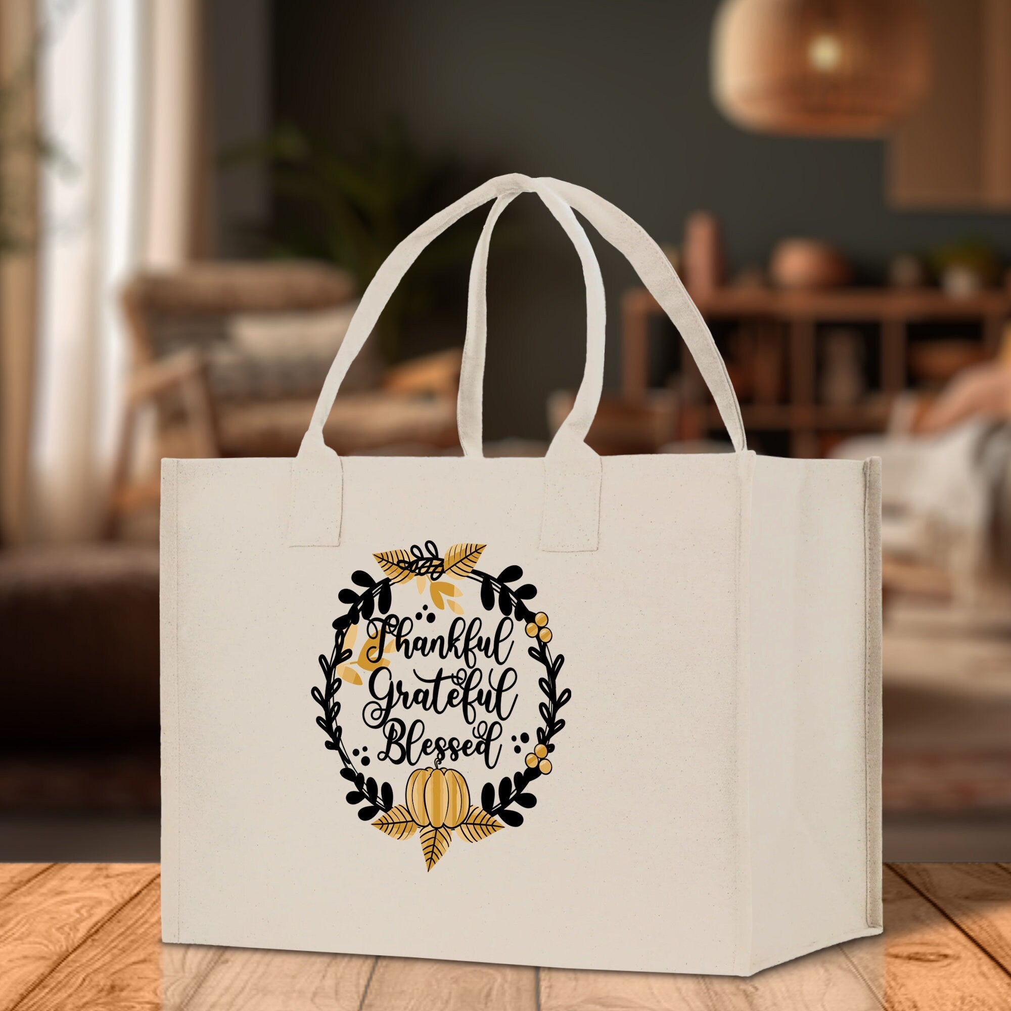 Thankful Grateful Blessed Cotton Canvas Tote Bag Thanksgiving Bag Autumn Fall Vibes Bag Motivational Bag Blessed Bag Fall Market Grocery Bag - Aaria Tees Aaria Tees