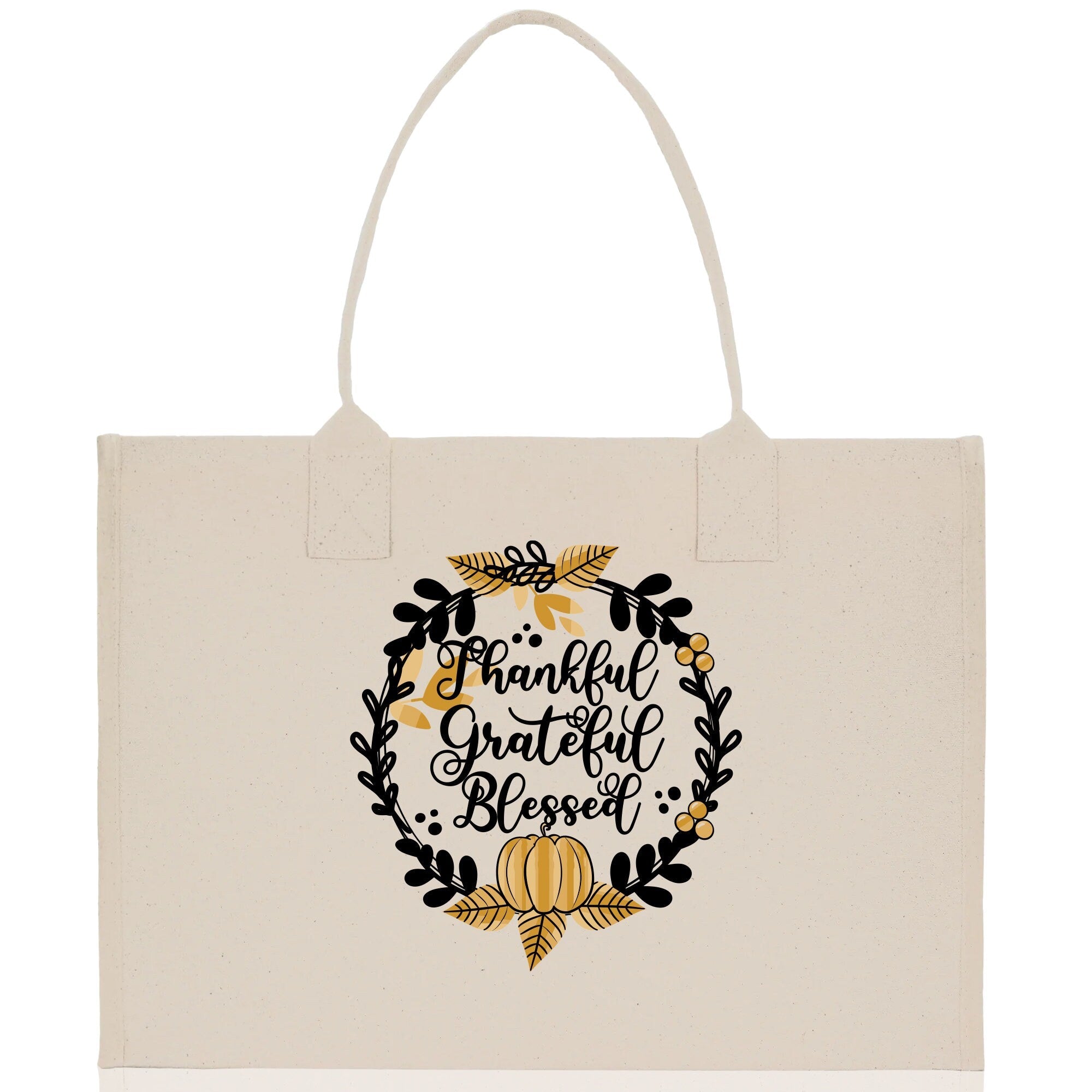Thankful Grateful Blessed Cotton Canvas Tote Bag Thanksgiving Bag Autumn Fall Vibes Bag Motivational Bag Blessed Bag Fall Market Grocery Bag - Aaria Tees Aaria Tees