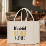 Thankful Grateful Blessed Cotton Canvas Tote Bag Thanksgiving Bag Autumn Fall Vibes Bag Motivational Bag Blessed Bag Fall Market Grocery Bag - Aaria Tees Aaria Tees