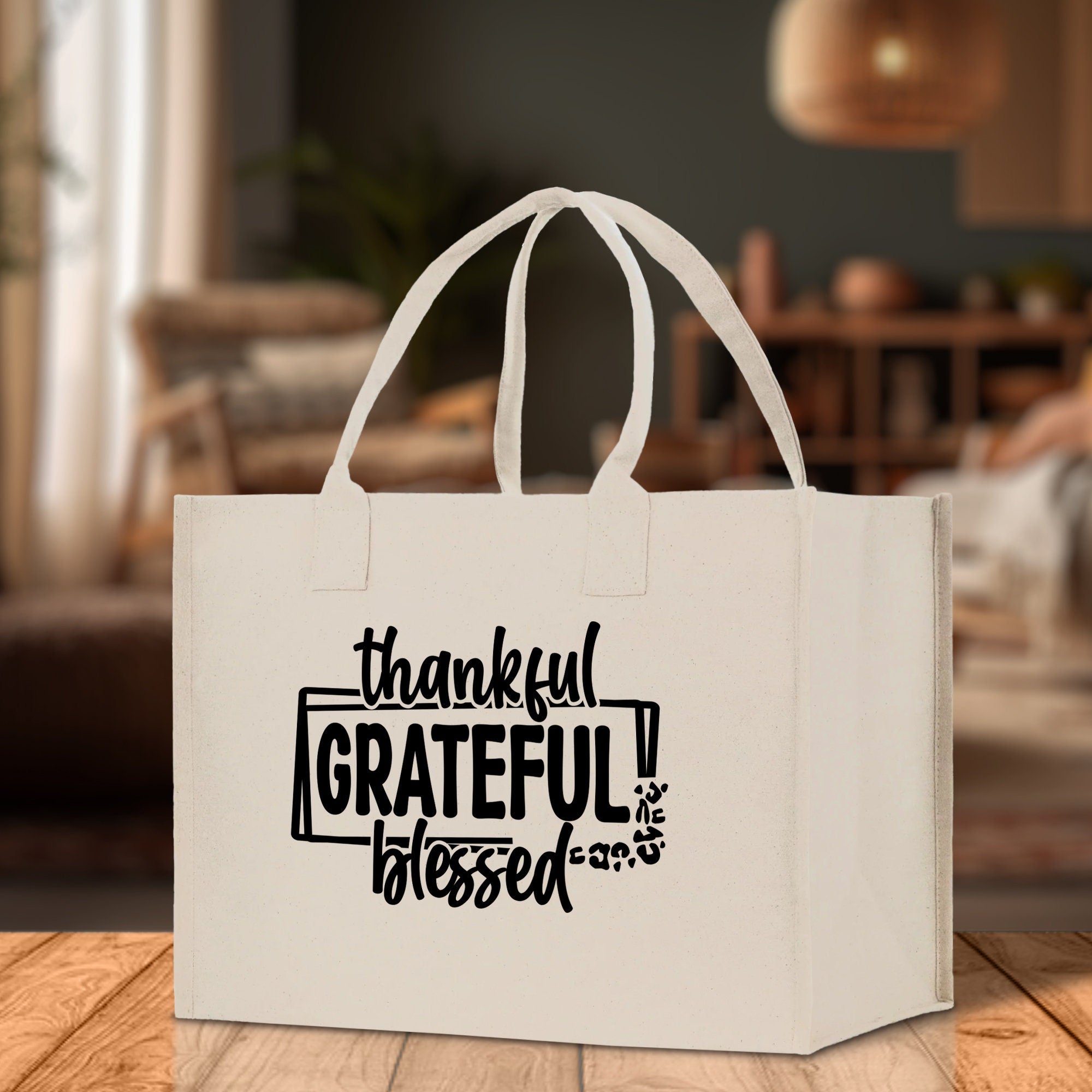 Thankful Grateful Blessed Cotton Canvas Tote Bag Thanksgiving Bag Autumn Fall Vibes Bag Motivational Bag Blessed Bag Fall Market Grocery Bag - Aaria Tees Aaria Tees