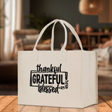 Thankful Grateful Blessed Cotton Canvas Tote Bag Thanksgiving Bag Autumn Fall Vibes Bag Motivational Bag Blessed Bag Fall Market Grocery Bag - Aaria Tees Aaria Tees