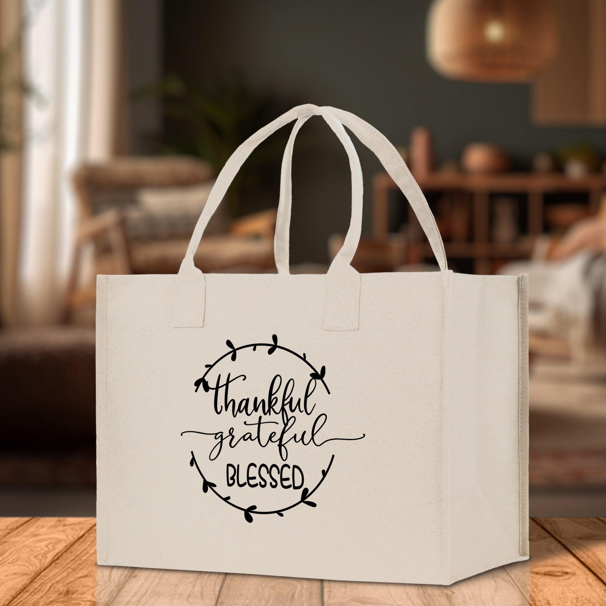 Thankful Grateful Blessed Cotton Canvas Tote Bag Thanksgiving Bag Autumn Fall Vibes Bag Motivational Bag Blessed Bag Fall Market Grocery Bag - Aaria Tees Aaria Tees