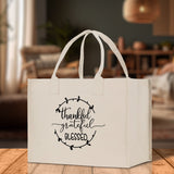 Thankful Grateful Blessed Cotton Canvas Tote Bag Thanksgiving Bag Autumn Fall Vibes Bag Motivational Bag Blessed Bag Fall Market Grocery Bag - Aaria Tees Aaria Tees