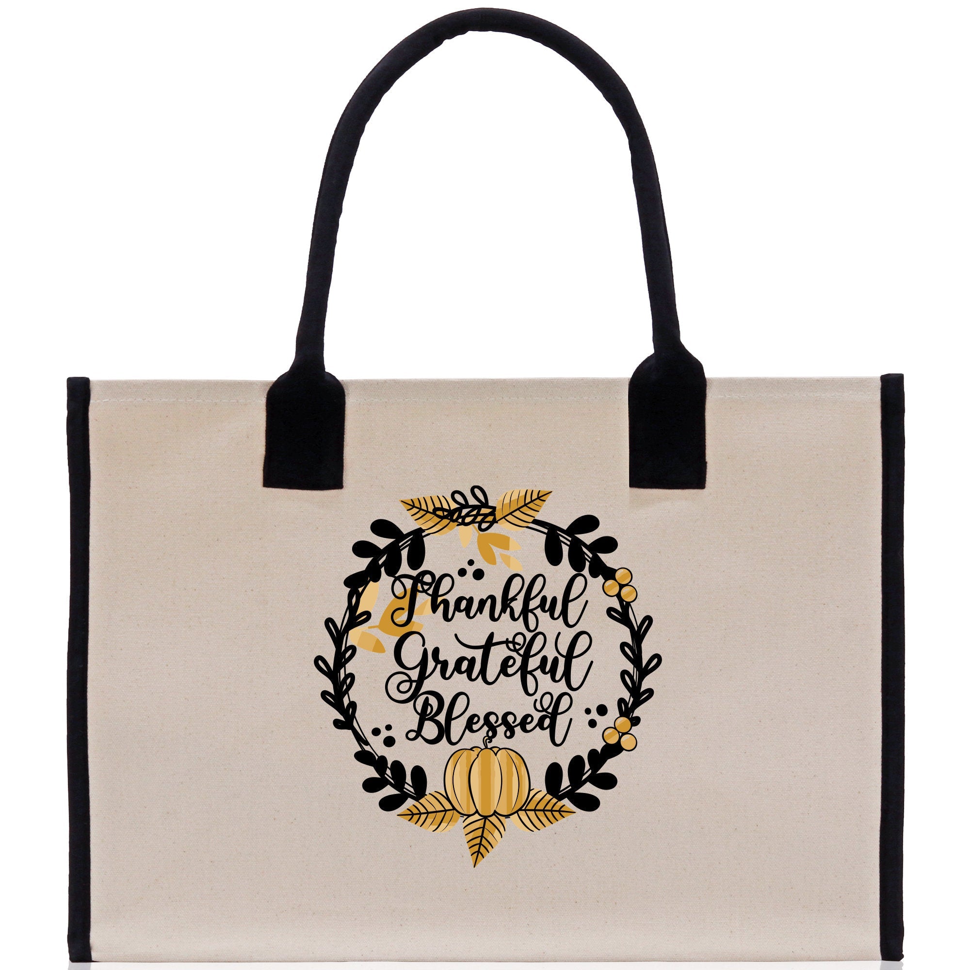 Thankful Grateful Blessed Cotton Canvas Tote Bag Thanksgiving Bag Autumn Fall Vibes Bag Motivational Bag Blessed Bag Fall Market Grocery Bag - Aaria Tees Aaria Tees