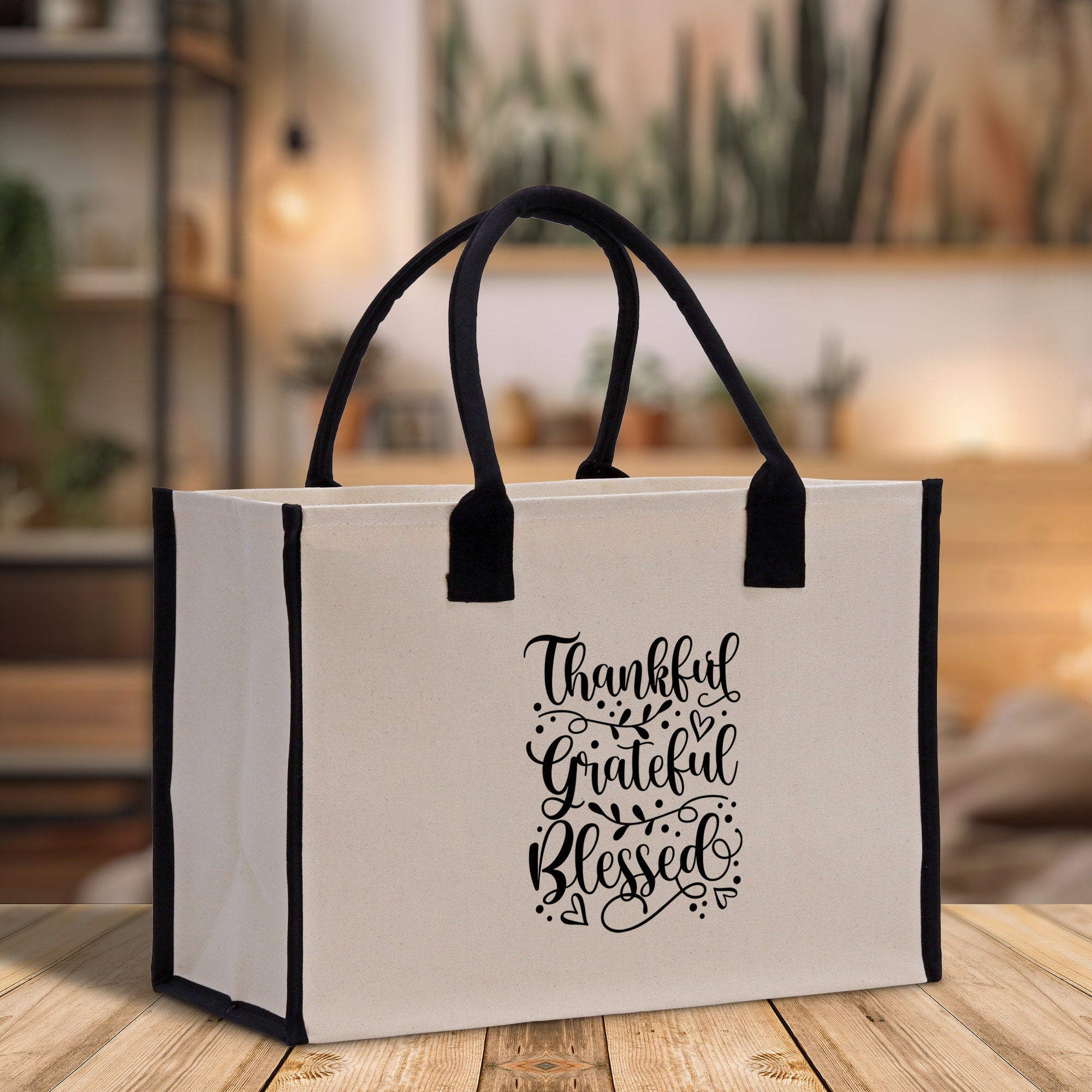 Thankful Grateful Blessed Cotton Canvas Tote Bag Thanksgiving Bag Autumn Fall Vibes Bag Motivational Bag Blessed Bag Fall Market Grocery Bag - Aaria Tees Aaria Tees