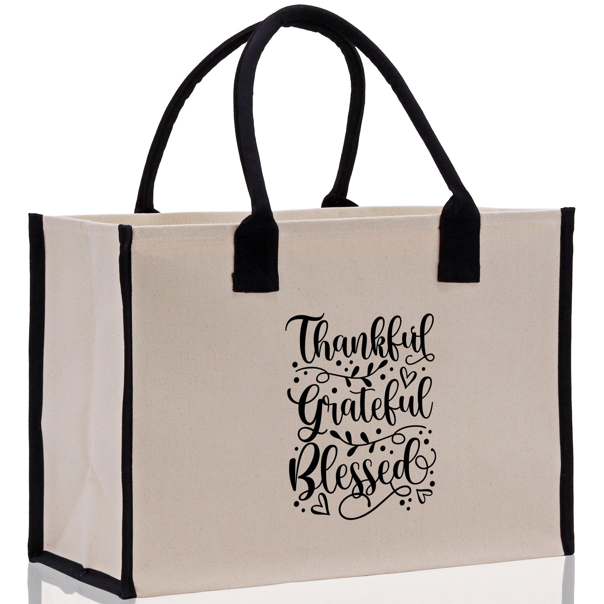 Thankful Grateful Blessed Cotton Canvas Tote Bag Thanksgiving Bag Autumn Fall Vibes Bag Motivational Bag Blessed Bag Fall Market Grocery Bag - Aaria Tees Aaria Tees