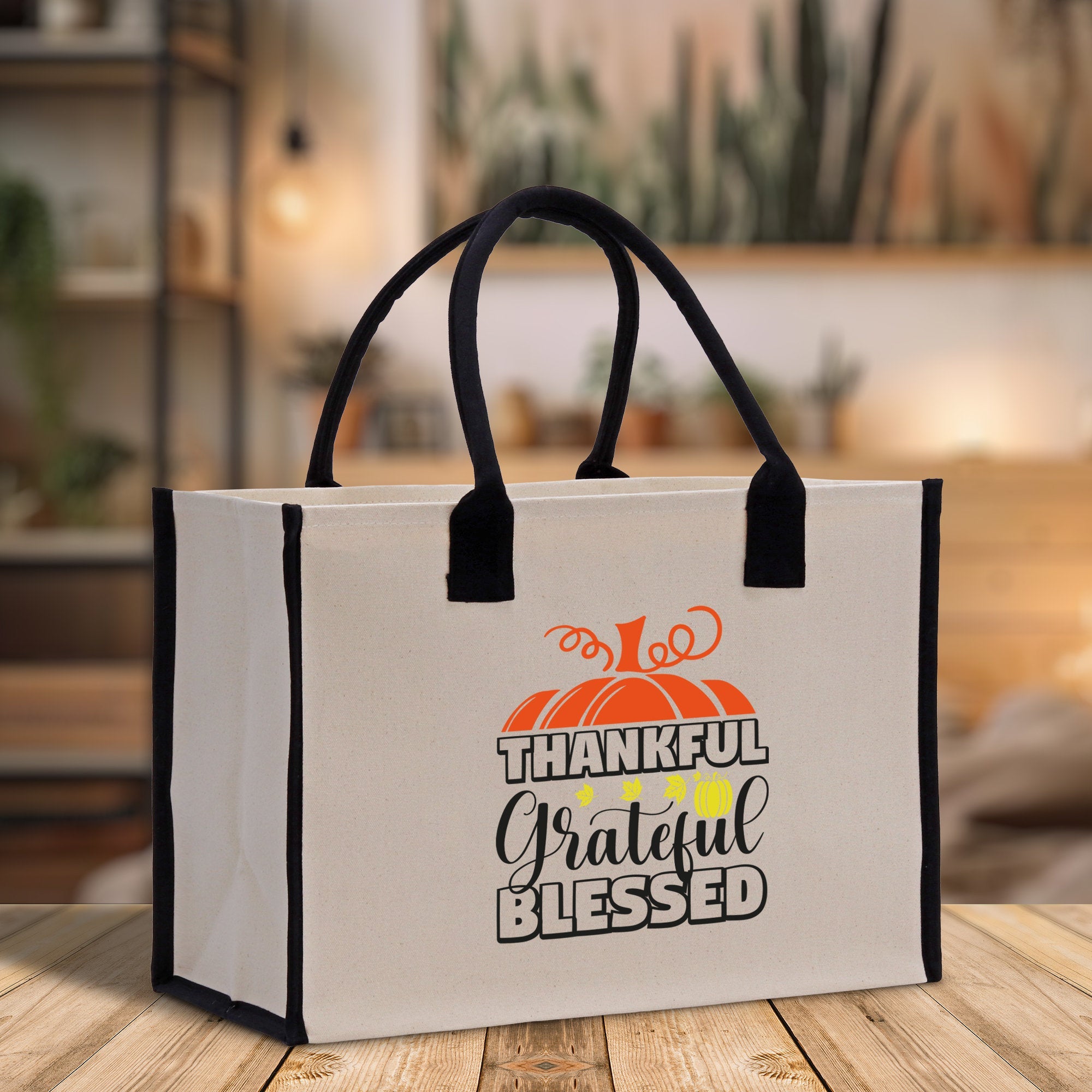 Thankful Grateful Blessed Cotton Canvas Tote Bag Thanksgiving Bag Autumn Fall Vibes Bag Motivational Bag Blessed Bag Fall Market Grocery Bag - Aaria Tees Aaria Tees