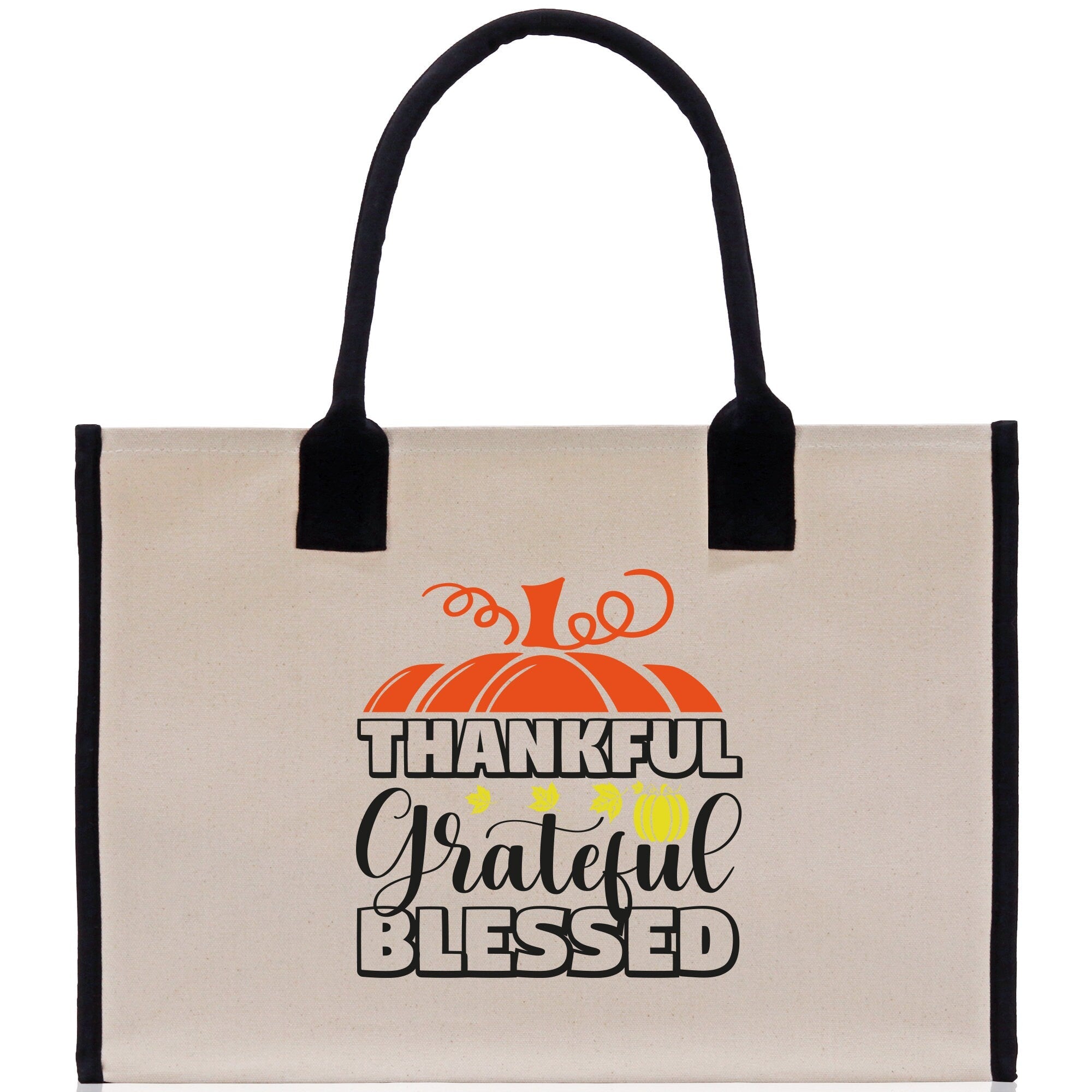 Thankful Grateful Blessed Cotton Canvas Tote Bag Thanksgiving Bag Autumn Fall Vibes Bag Motivational Bag Blessed Bag Fall Market Grocery Bag - Aaria Tees Aaria Tees