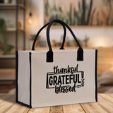 Thankful Grateful Blessed Cotton Canvas Tote Bag Thanksgiving Bag Autumn Fall Vibes Bag Motivational Bag Blessed Bag Fall Market Grocery Bag - Aaria Tees Aaria Tees