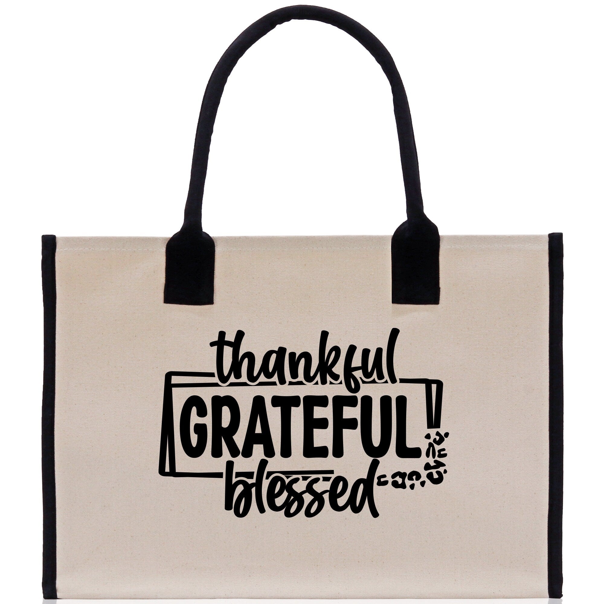 Thankful Grateful Blessed Cotton Canvas Tote Bag Thanksgiving Bag Autumn Fall Vibes Bag Motivational Bag Blessed Bag Fall Market Grocery Bag - Aaria Tees Aaria Tees