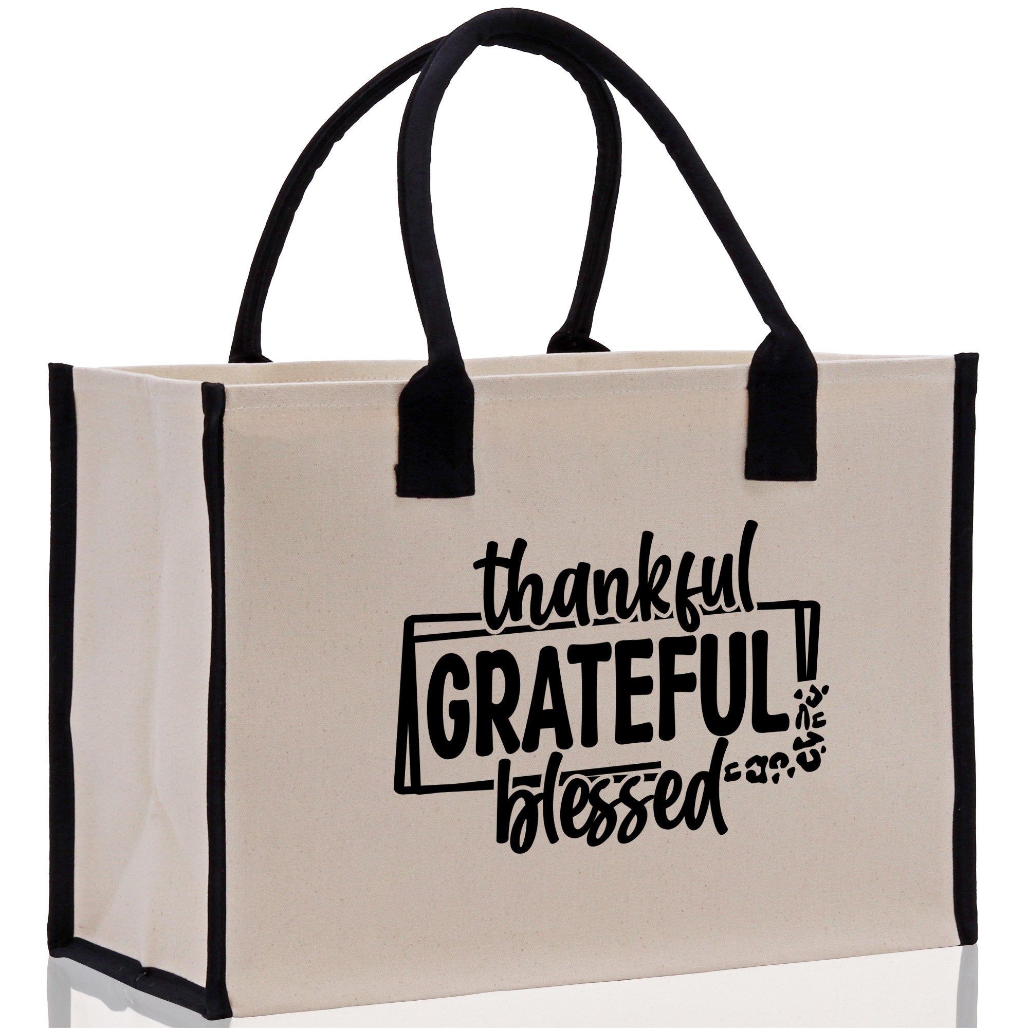 Thankful Grateful Blessed Cotton Canvas Tote Bag Thanksgiving Bag Autumn Fall Vibes Bag Motivational Bag Blessed Bag Fall Market Grocery Bag - Aaria Tees Aaria Tees