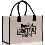 Thankful Grateful Blessed Cotton Canvas Tote Bag Thanksgiving Bag Autumn Fall Vibes Bag Motivational Bag Blessed Bag Fall Market Grocery Bag - Aaria Tees Aaria Tees