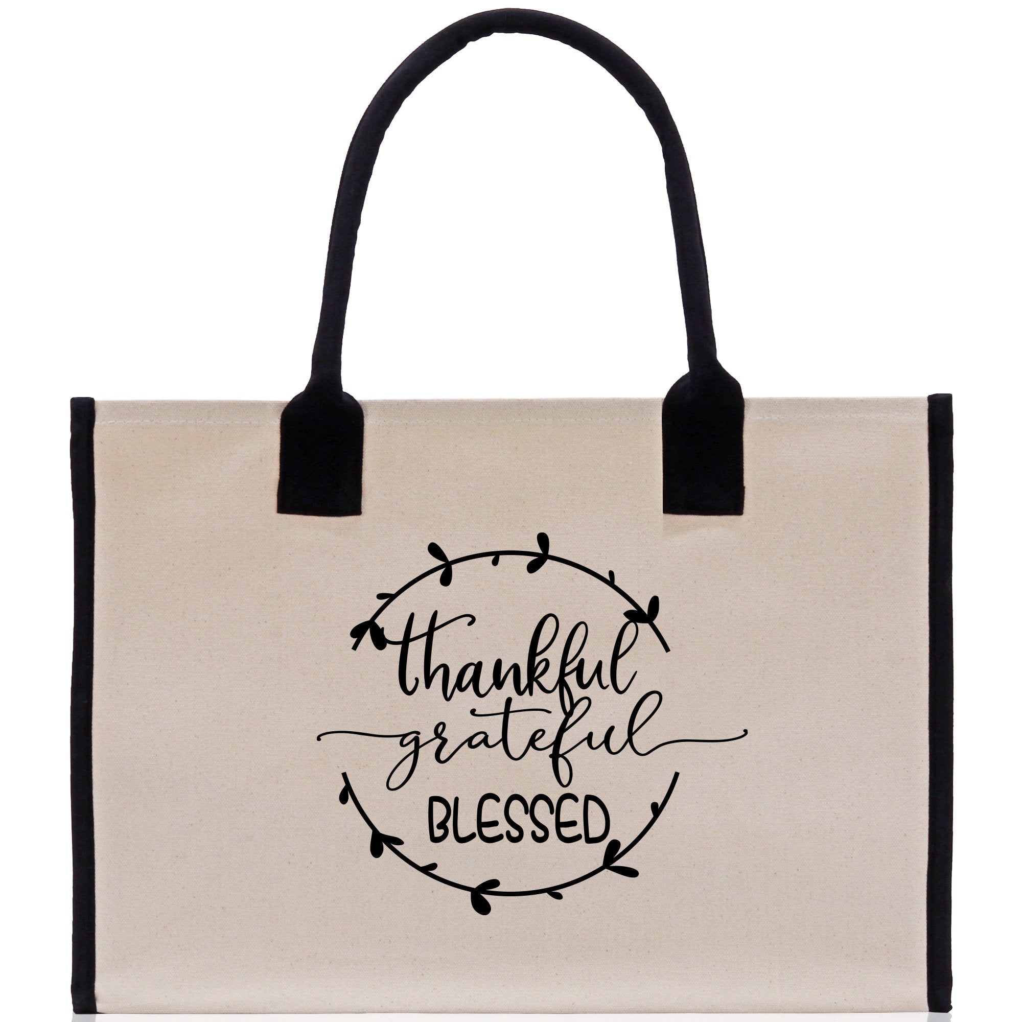 Thankful Grateful Blessed Cotton Canvas Tote Bag Thanksgiving Bag Autumn Fall Vibes Bag Motivational Bag Blessed Bag Fall Market Grocery Bag - Aaria Tees Aaria Tees