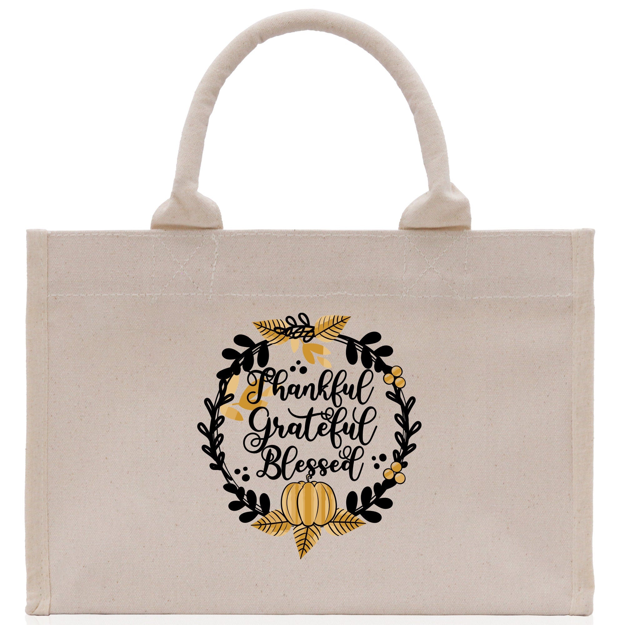 Thankful Grateful Blessed Cotton Canvas Tote Bag Thanksgiving Bag Autumn Fall Vibes Bag Motivational Bag Blessed Bag Fall Market Grocery Bag - Aaria Tees Aaria Tees