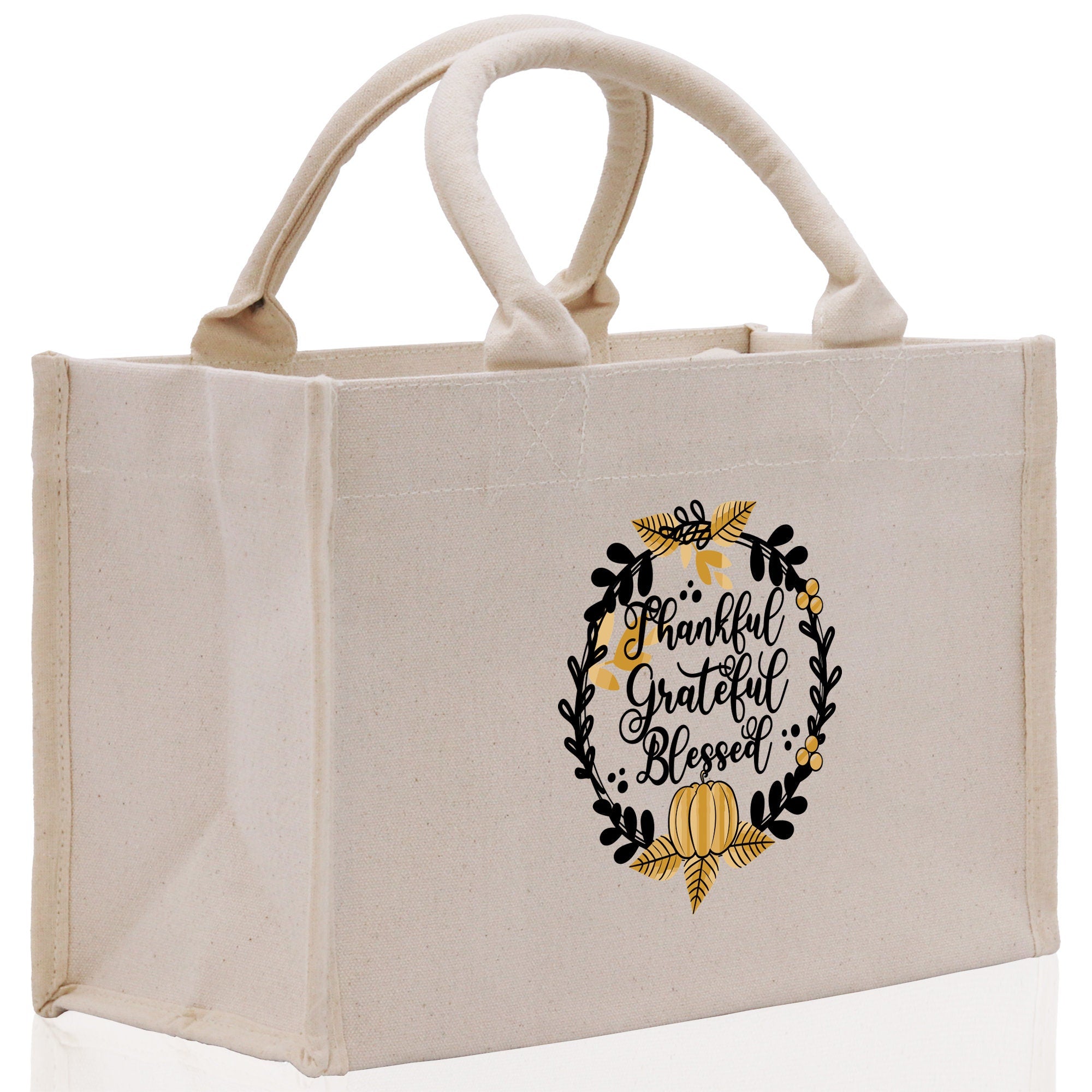 Thankful Grateful Blessed Cotton Canvas Tote Bag Thanksgiving Bag Autumn Fall Vibes Bag Motivational Bag Blessed Bag Fall Market Grocery Bag - Aaria Tees Aaria Tees