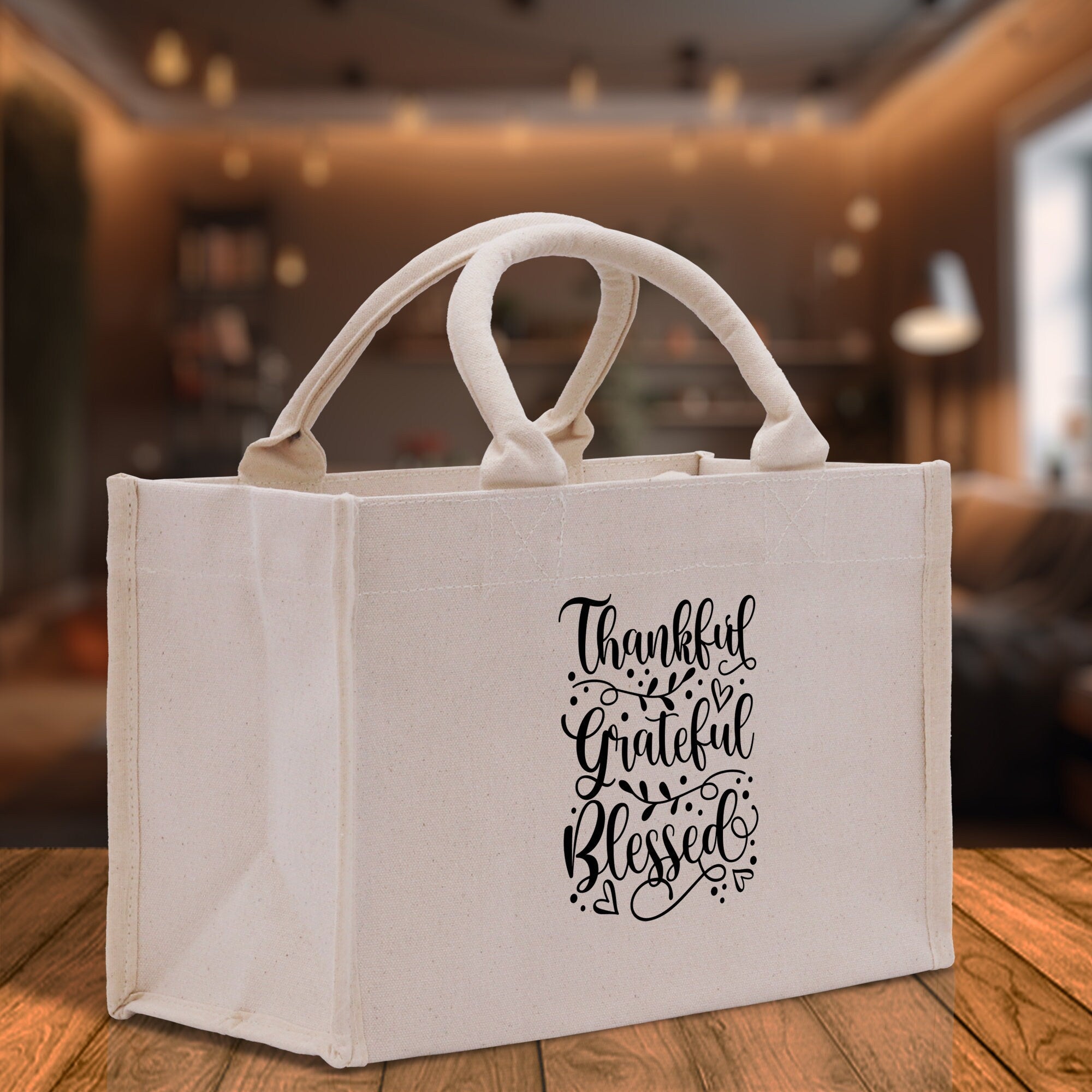 Thankful Grateful Blessed Cotton Canvas Tote Bag Thanksgiving Bag Autumn Fall Vibes Bag Motivational Bag Blessed Bag Fall Market Grocery Bag - Aaria Tees Aaria Tees
