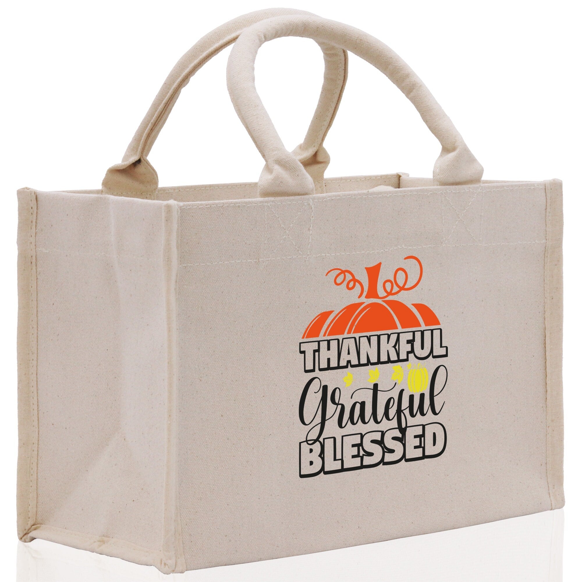 Thankful Grateful Blessed Cotton Canvas Tote Bag Thanksgiving Bag Autumn Fall Vibes Bag Motivational Bag Blessed Bag Fall Market Grocery Bag - Aaria Tees Aaria Tees