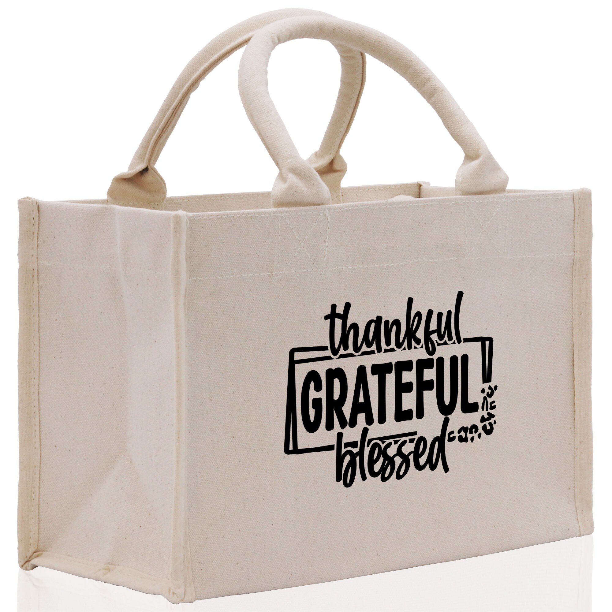 Thankful Grateful Blessed Cotton Canvas Tote Bag Thanksgiving Bag Autumn Fall Vibes Bag Motivational Bag Blessed Bag Fall Market Grocery Bag - Aaria Tees Aaria Tees