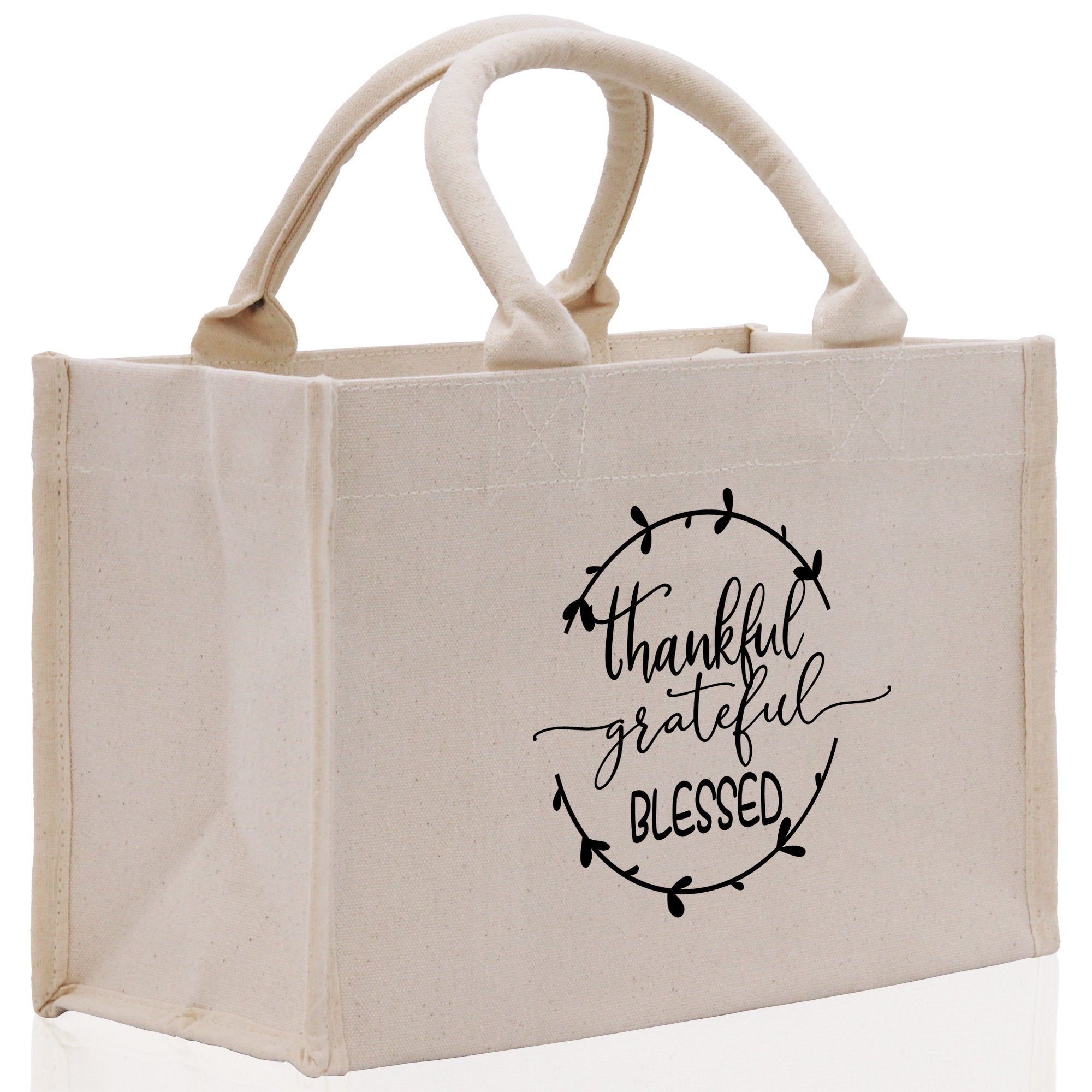 Thankful Grateful Blessed Cotton Canvas Tote Bag Thanksgiving Bag Autumn Fall Vibes Bag Motivational Bag Blessed Bag Fall Market Grocery Bag - Aaria Tees Aaria Tees