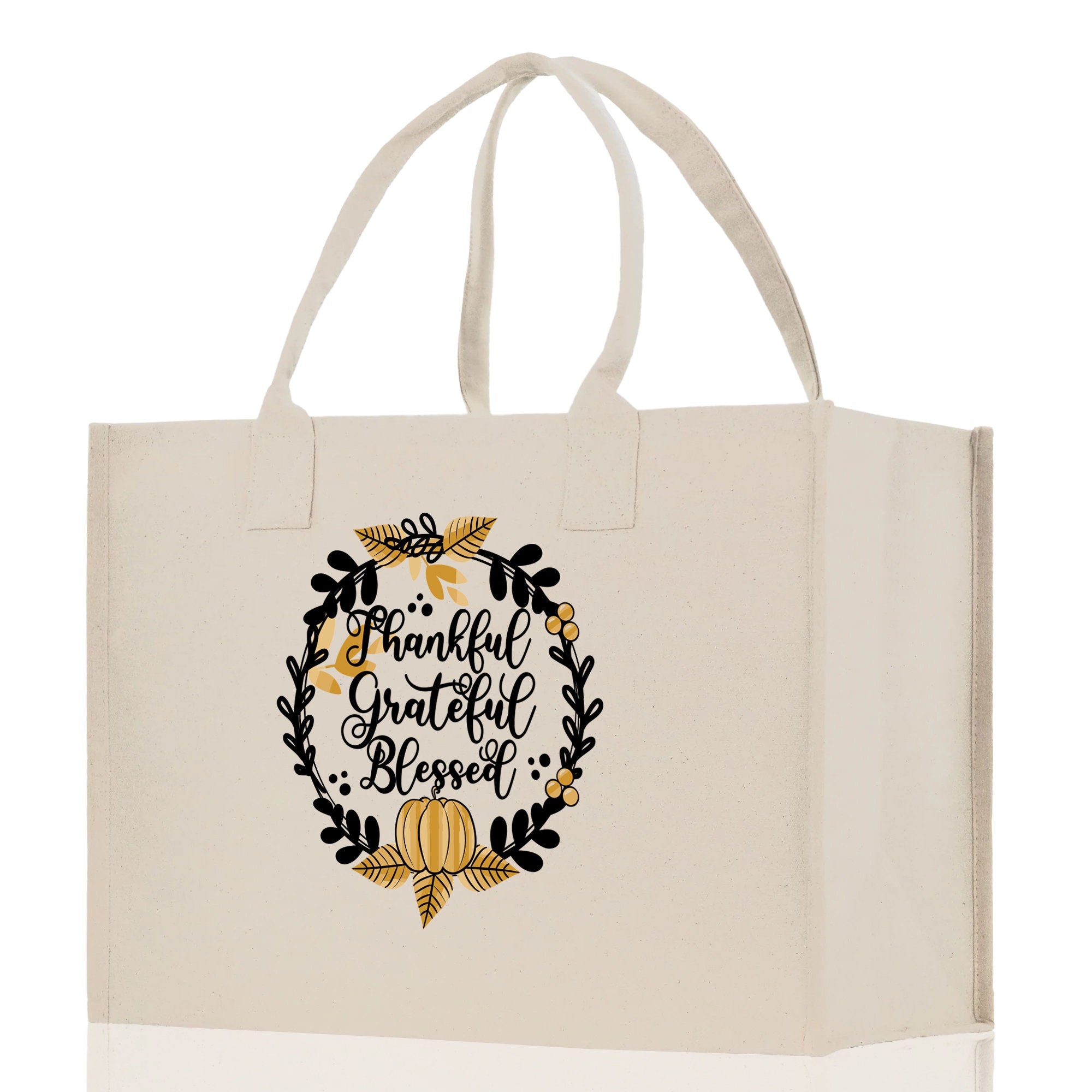 Thankful Grateful Blessed Cotton Canvas Tote Bag Thanksgiving Bag Autumn Fall Vibes Bag Motivational Bag Blessed Bag Fall Market Grocery Bag - Aaria Tees Aaria Tees