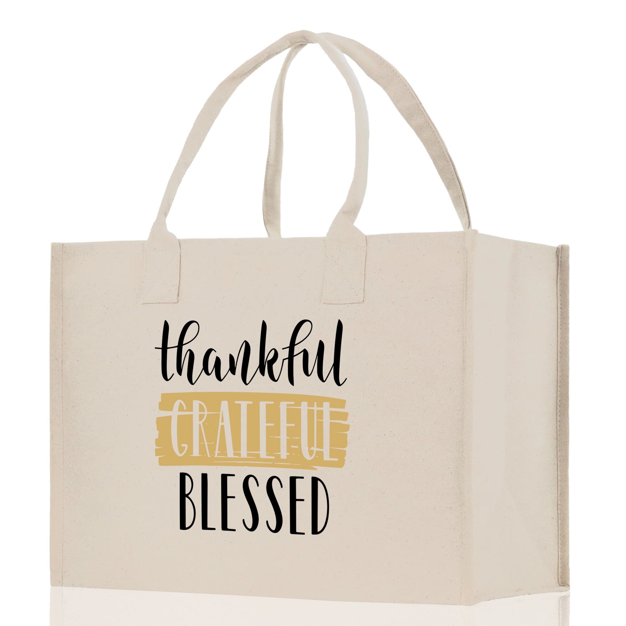 Thankful Grateful Blessed Cotton Canvas Tote Bag Thanksgiving Bag Autumn Fall Vibes Bag Motivational Bag Blessed Bag Fall Market Grocery Bag - Aaria Tees Aaria Tees