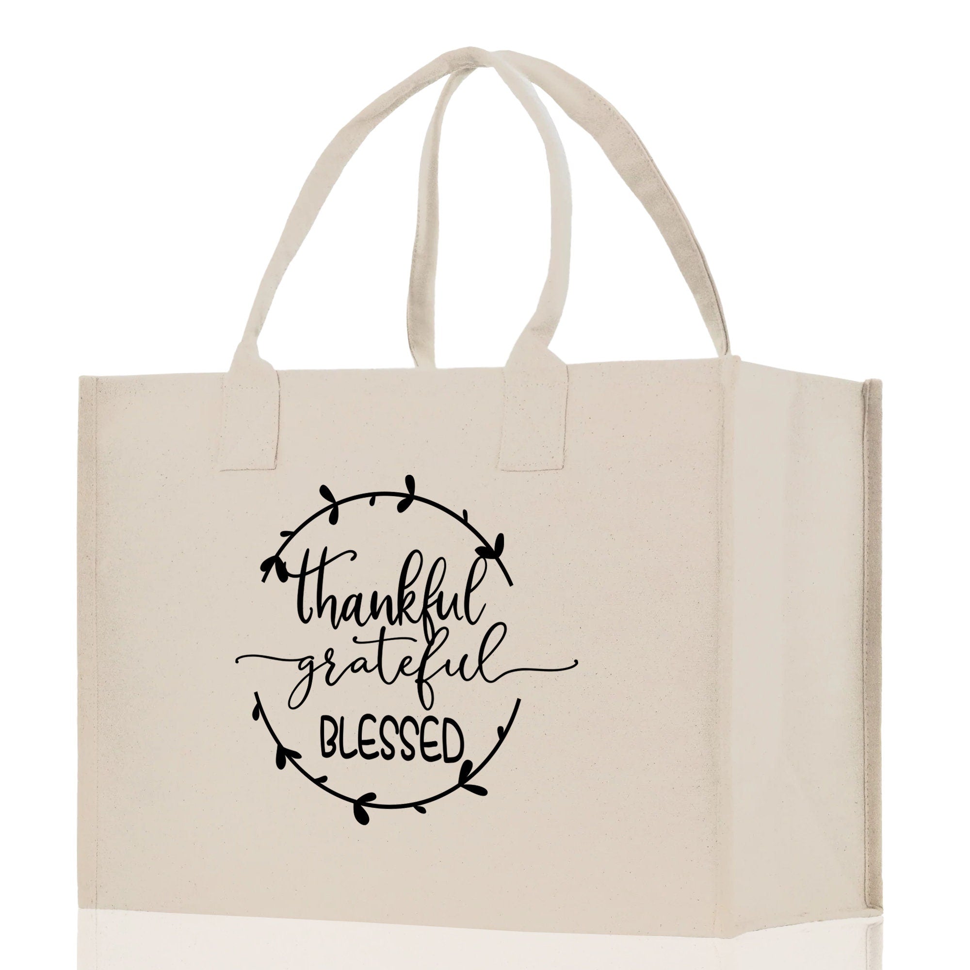 Thankful Grateful Blessed Cotton Canvas Tote Bag Thanksgiving Bag Autumn Fall Vibes Bag Motivational Bag Blessed Bag Fall Market Grocery Bag - Aaria Tees Aaria Tees