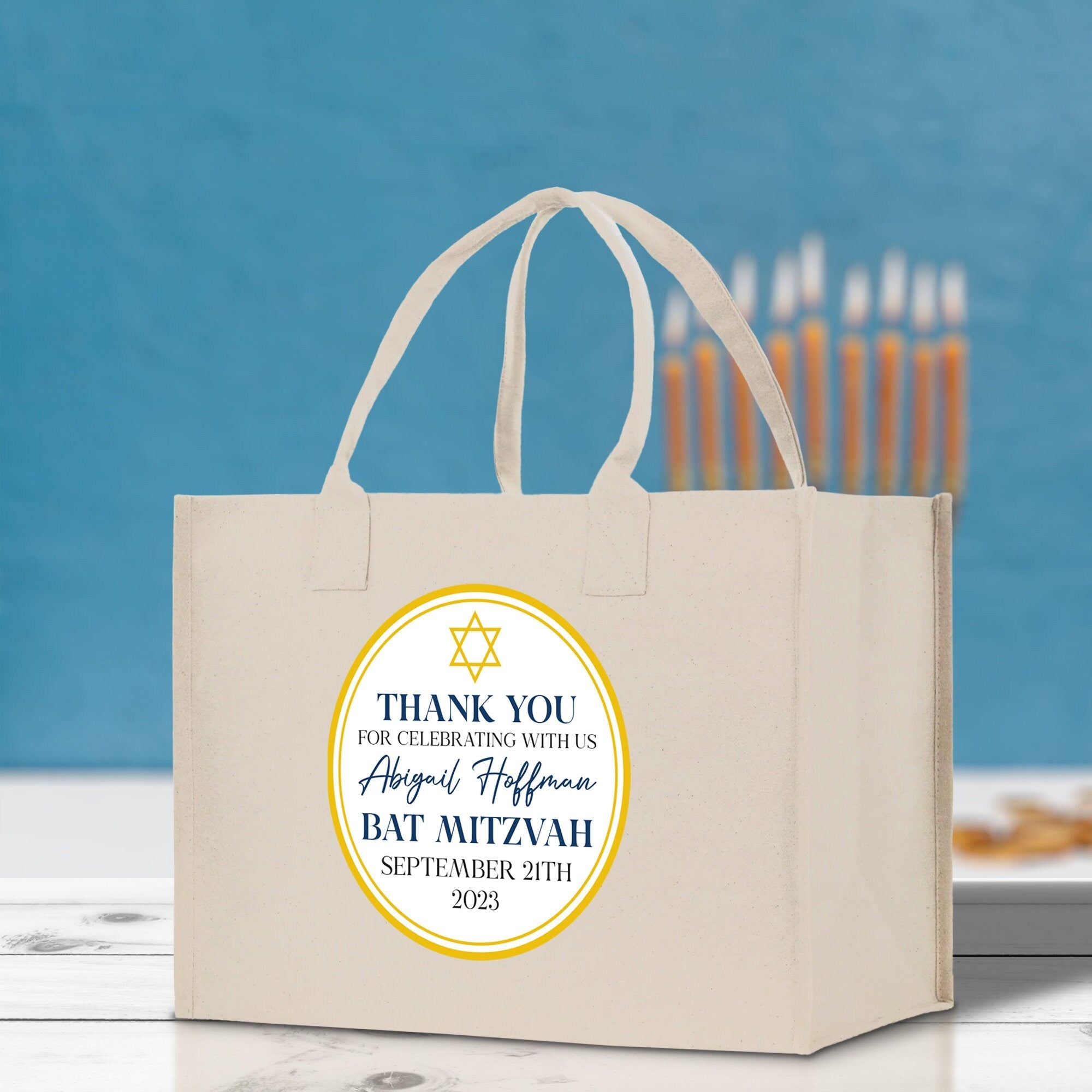 Thank You Bat Mitzvah Custom Name and Date Cotton Canvas Personalized Tote Bag Jewish Celebration Bag - Aaria Tees Aaria Tees