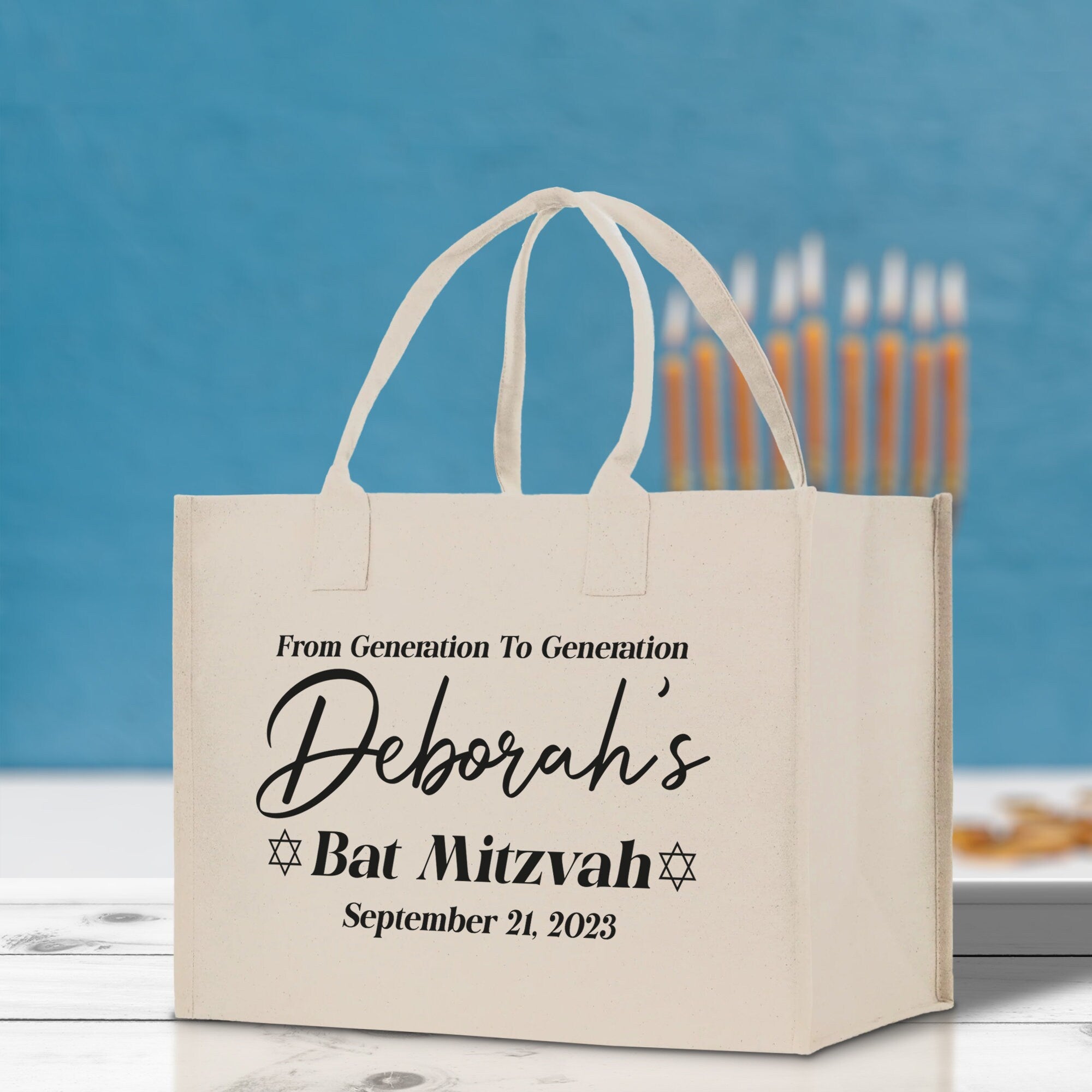 From Generation To Generation Bat Mitzvah Custom Name and Date Cotton Canvas Personalized Tote Bag Jewish Celebration Bag - Aaria Tees Aaria Tees