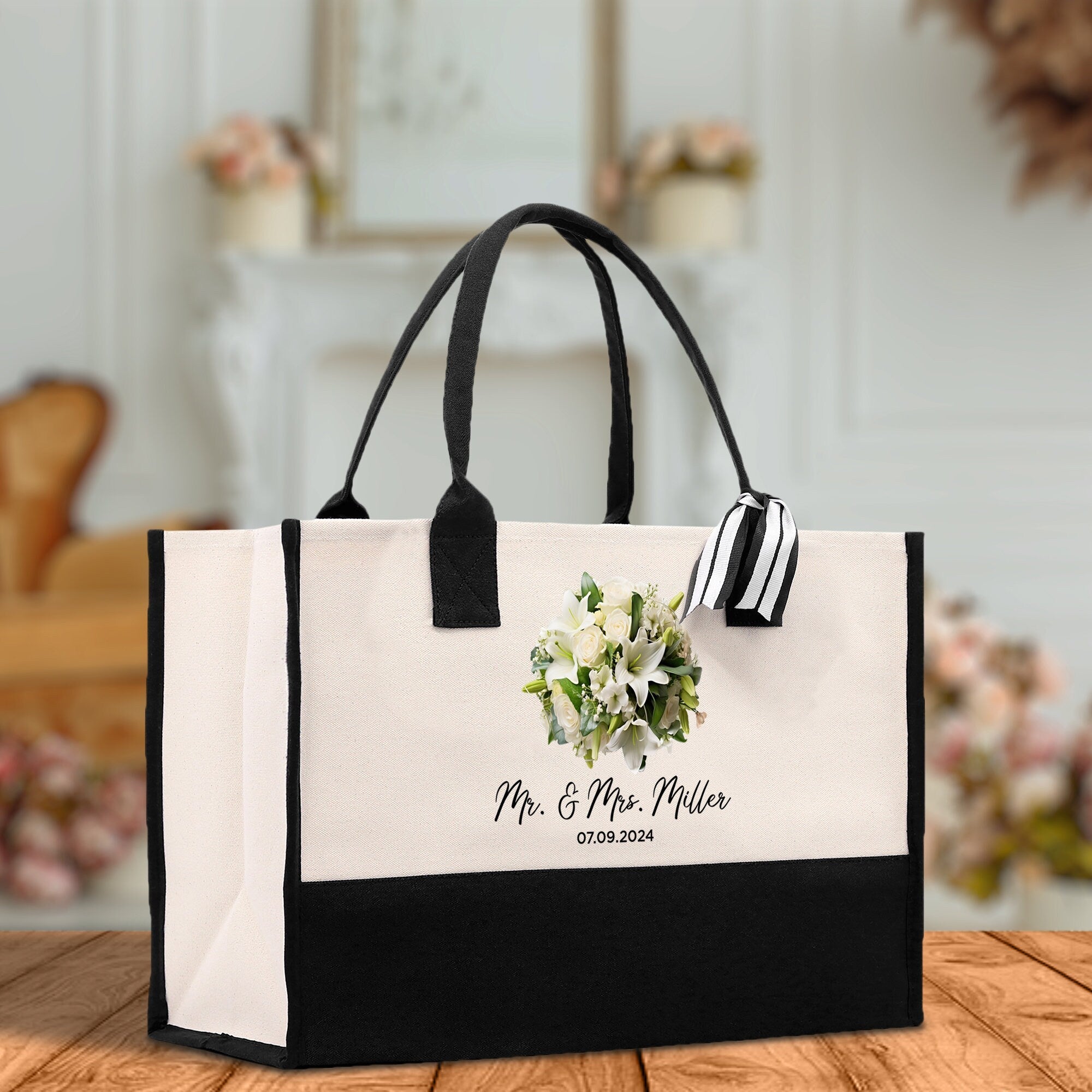 Bride Bouquet White Flowers Bouquet Custom Mr. & Mrs. Last Name Year Tote Bag Personalized Wedding Tote Bridal Shower Gift Honeymoon Gift - Aaria Tees Aaria Tees